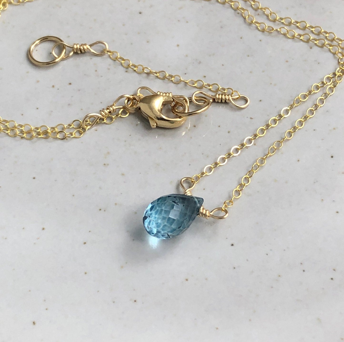 Necklace with a London Blue Quartz, Faceted Teardrop on a Gold Filled Chain GCDN-128