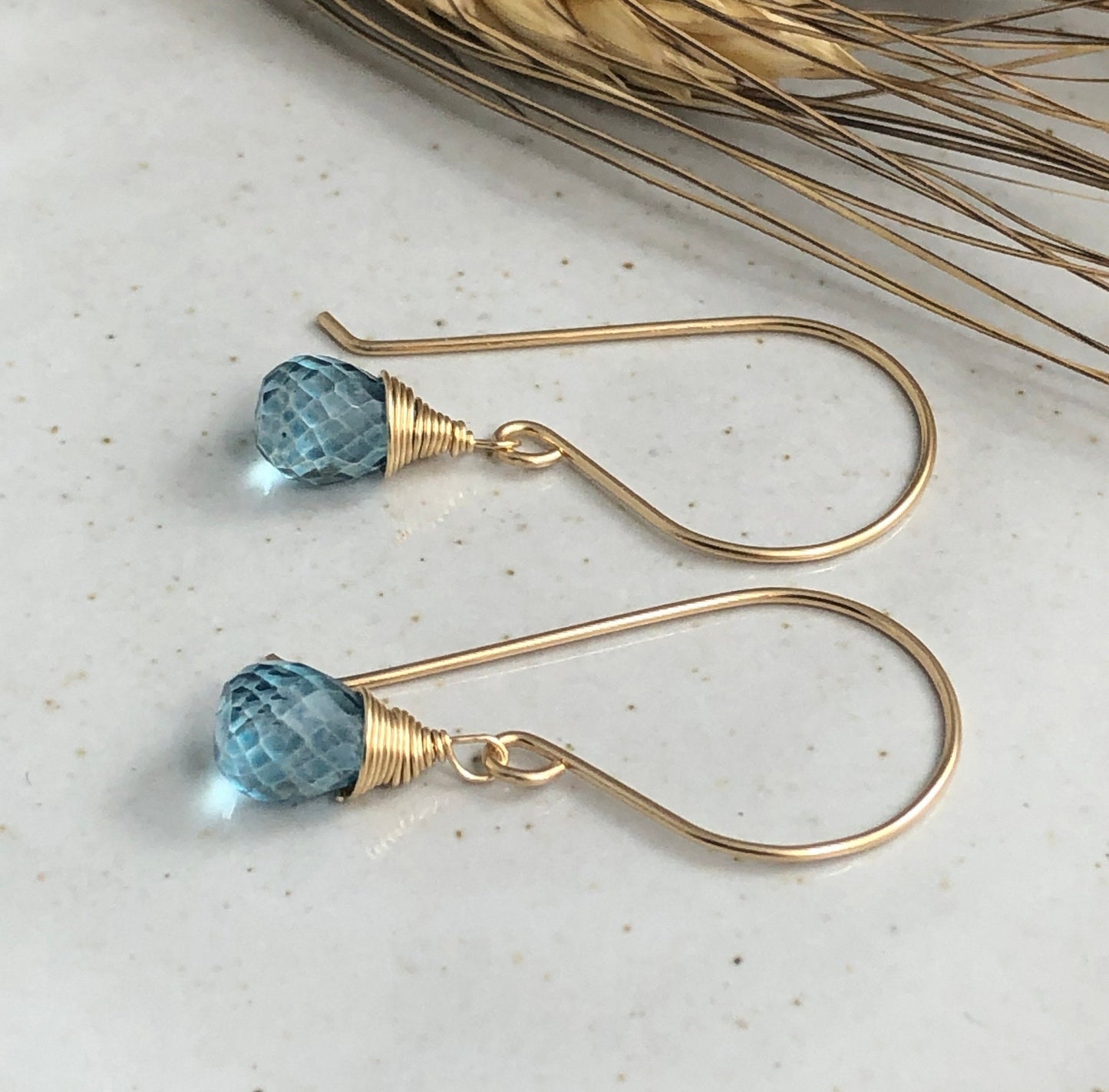 Earrings with London Blue Quartz Teardrops Wire Wrapped with 14k Gold-Filled Wire on 14k Gold Filled Earring Wires GHE-124