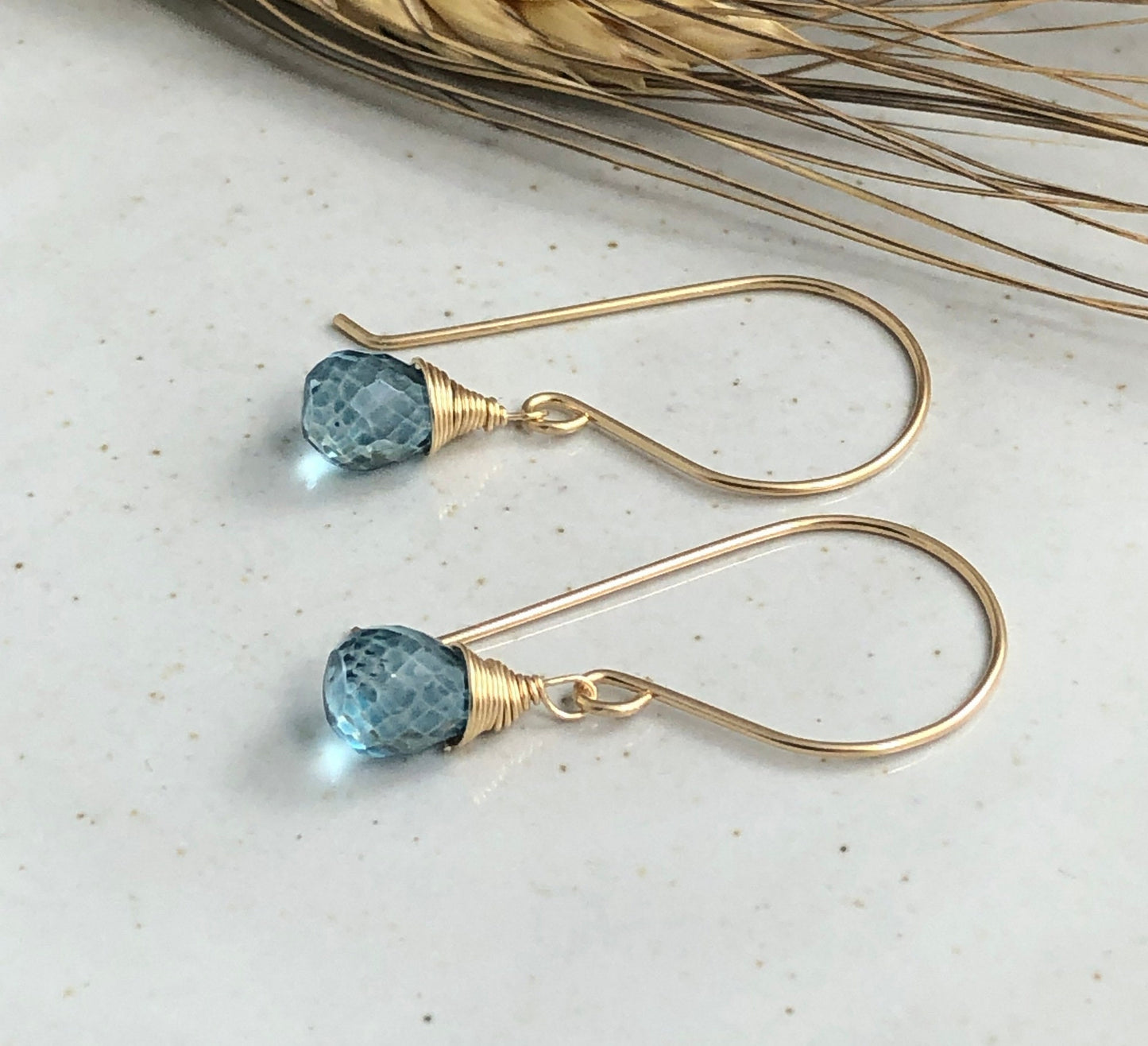 Earrings with London Blue Quartz Teardrops Wire Wrapped with 14k Gold-Filled Wire on 14k Gold Filled Earring Wires GHE-124
