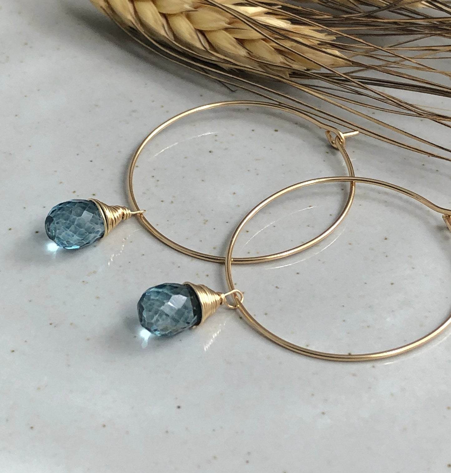Earrings with London Blue Quartz Teardrops Wire Wrapped with 14k Gold-Filled Wire on 14k Gold Filled Hoops GCHE-51