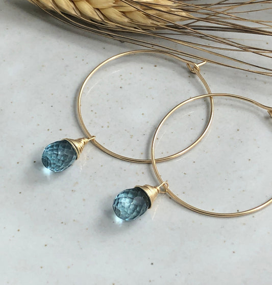 Earrings with London Blue Quartz Teardrops Wire Wrapped with 14k Gold-Filled Wire on 14k Gold Filled Hoops GCHE-51