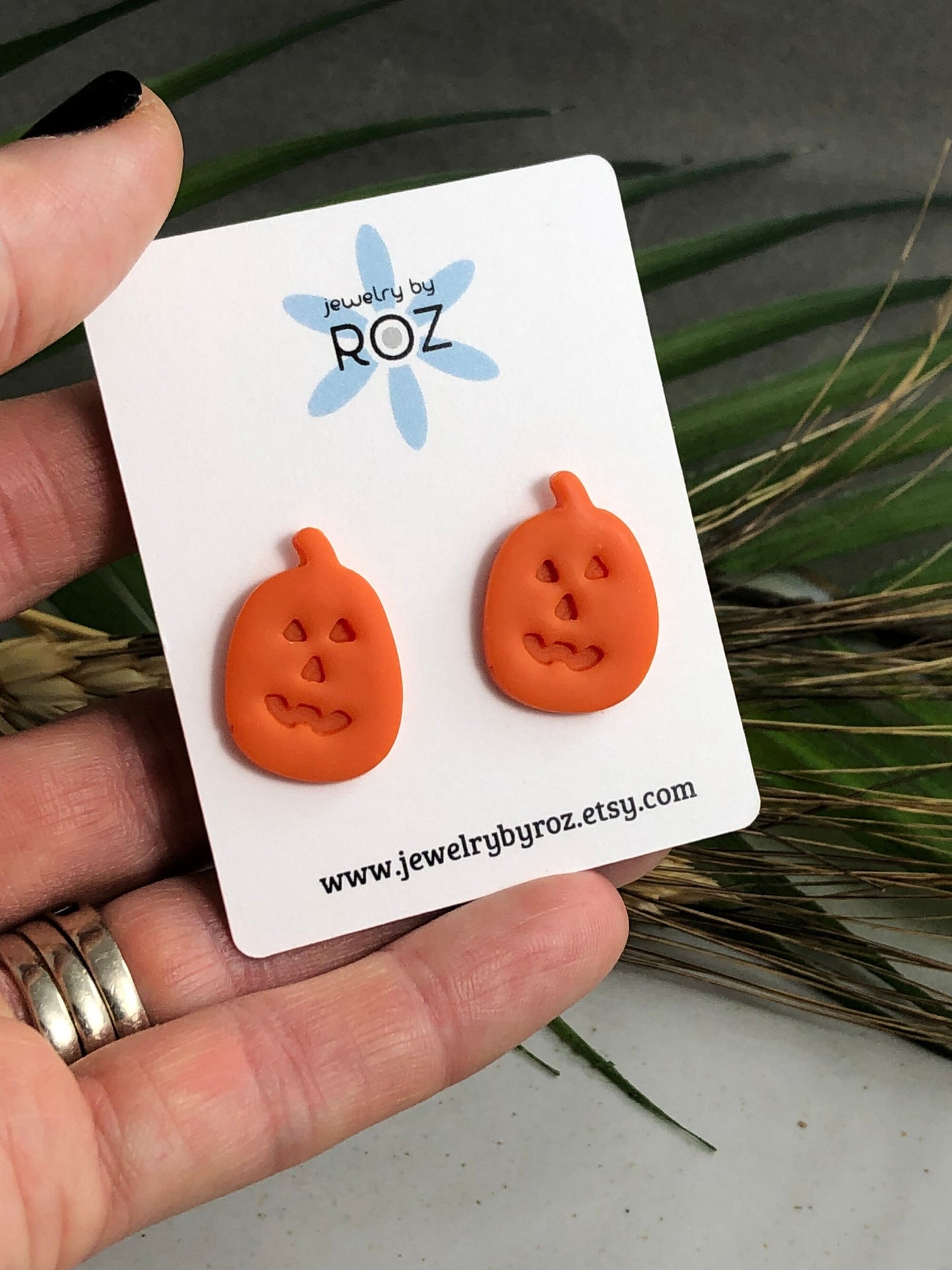 Jack O' Lantern Stud Earrings made with Orange Polymer Clay and Sterling Silver Posts PCE-262