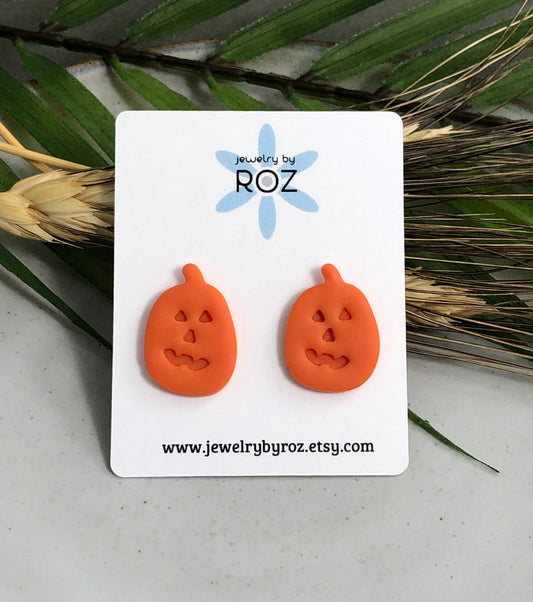 Jack O' Lantern Stud Earrings made with Orange Polymer Clay and Sterling Silver Posts PCE-262