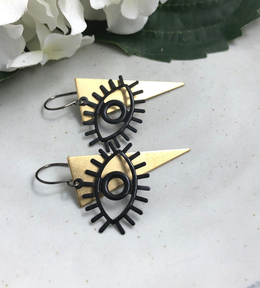 Earrings Made with Oxidized, Sterling Silver Wire, Oxidized Brass Eyes and Brass Triangles SBRE-18