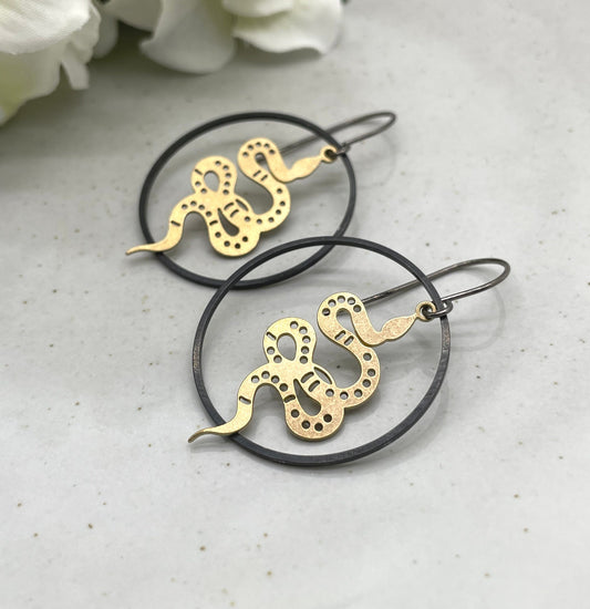 Earrings Made with Oxidized, Sterling Silver Wire, Oxidized Brass Loops and Brass Snakes SBRE-23