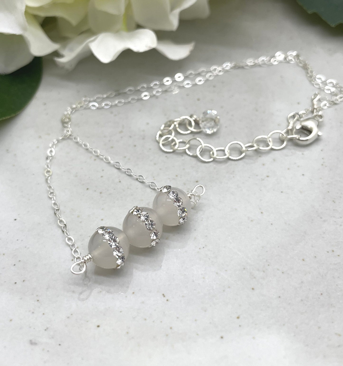 Necklace with Agate and Rhinestone Beads Wire Wrapped to a Sterling Silver Cable Chain CDN-846