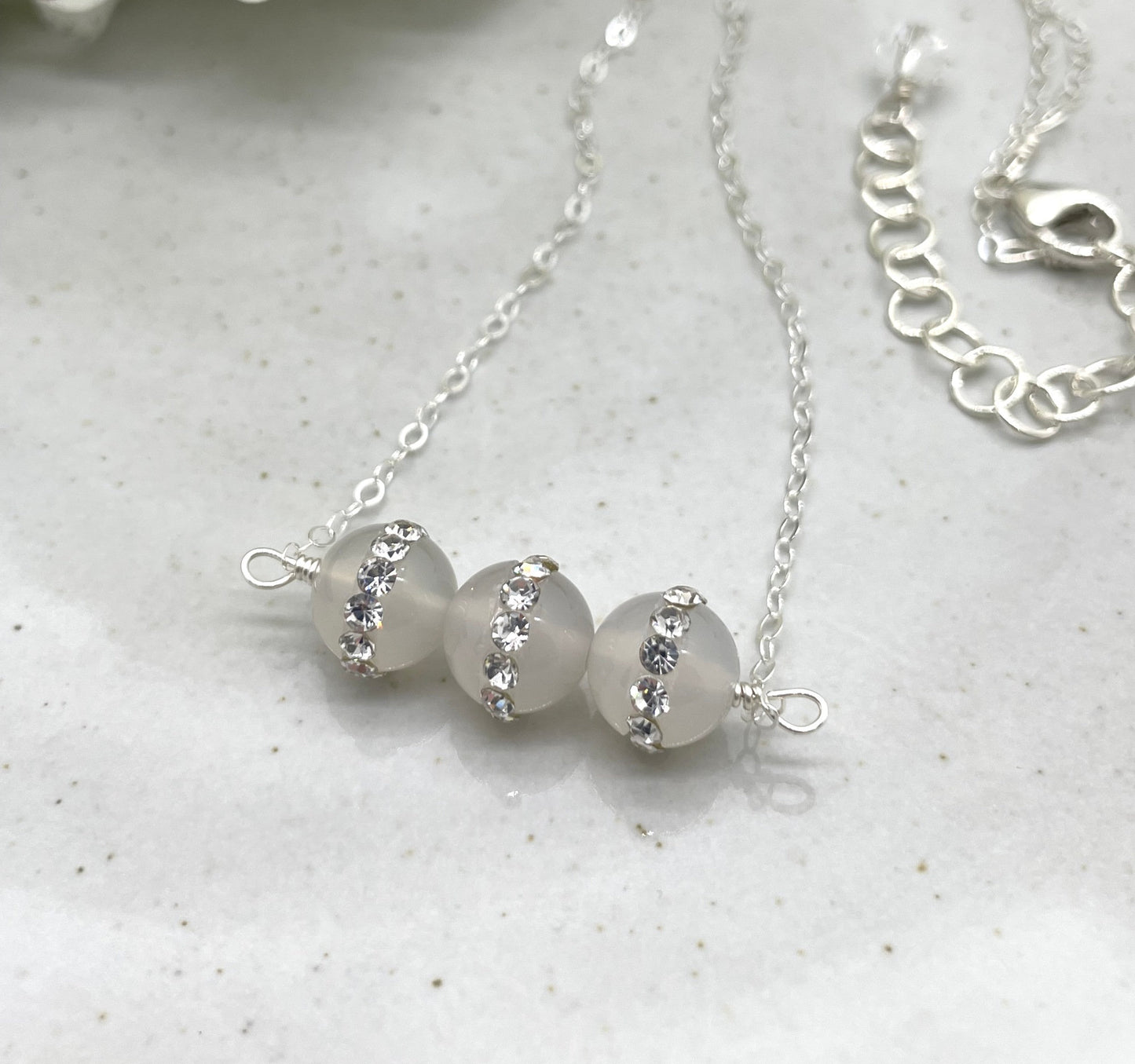 Necklace with Agate and Rhinestone Beads Wire Wrapped to a Sterling Silver Cable Chain CDN-846