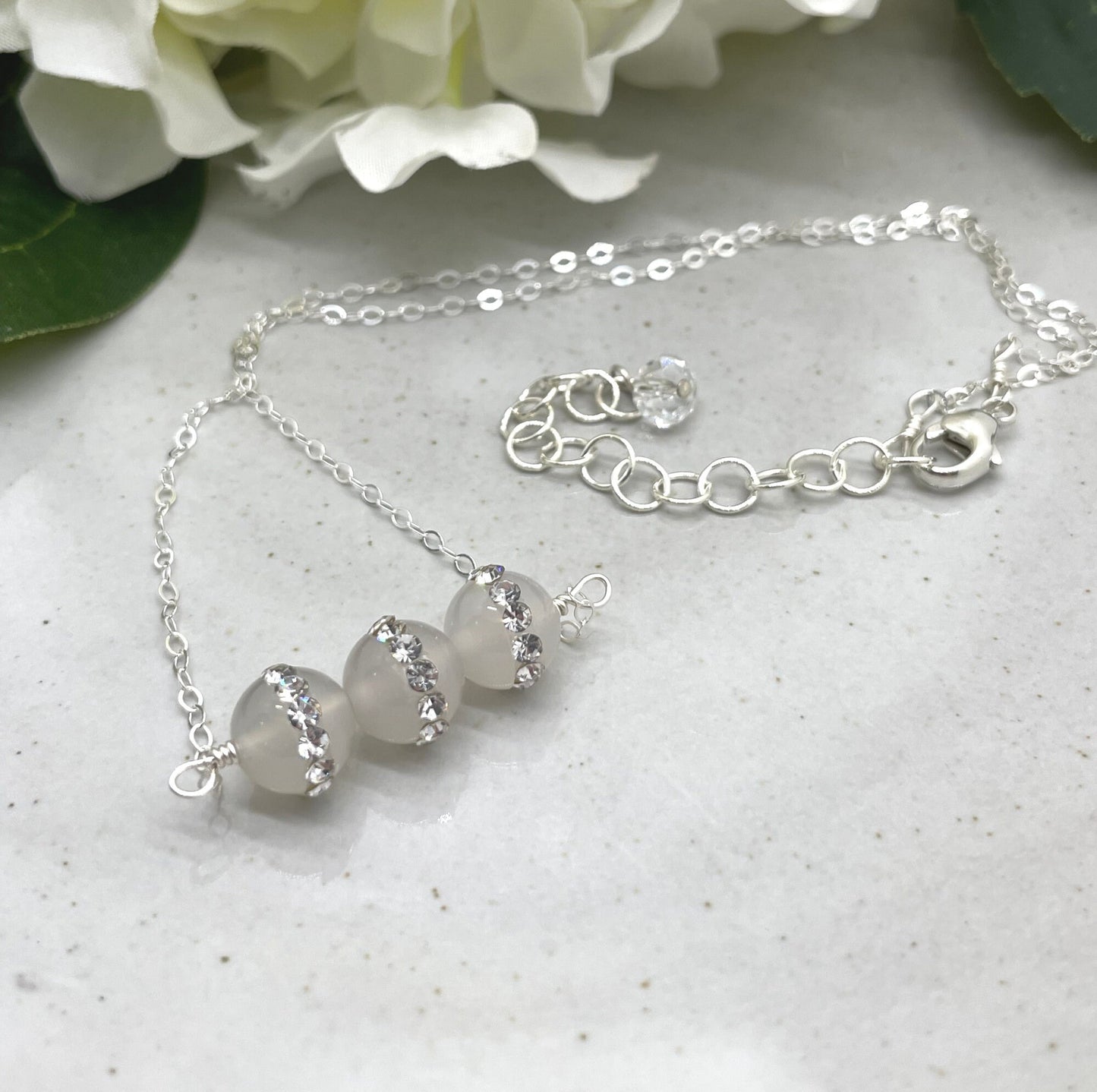 Necklace with Agate and Rhinestone Beads Wire Wrapped to a Sterling Silver Cable Chain CDN-846