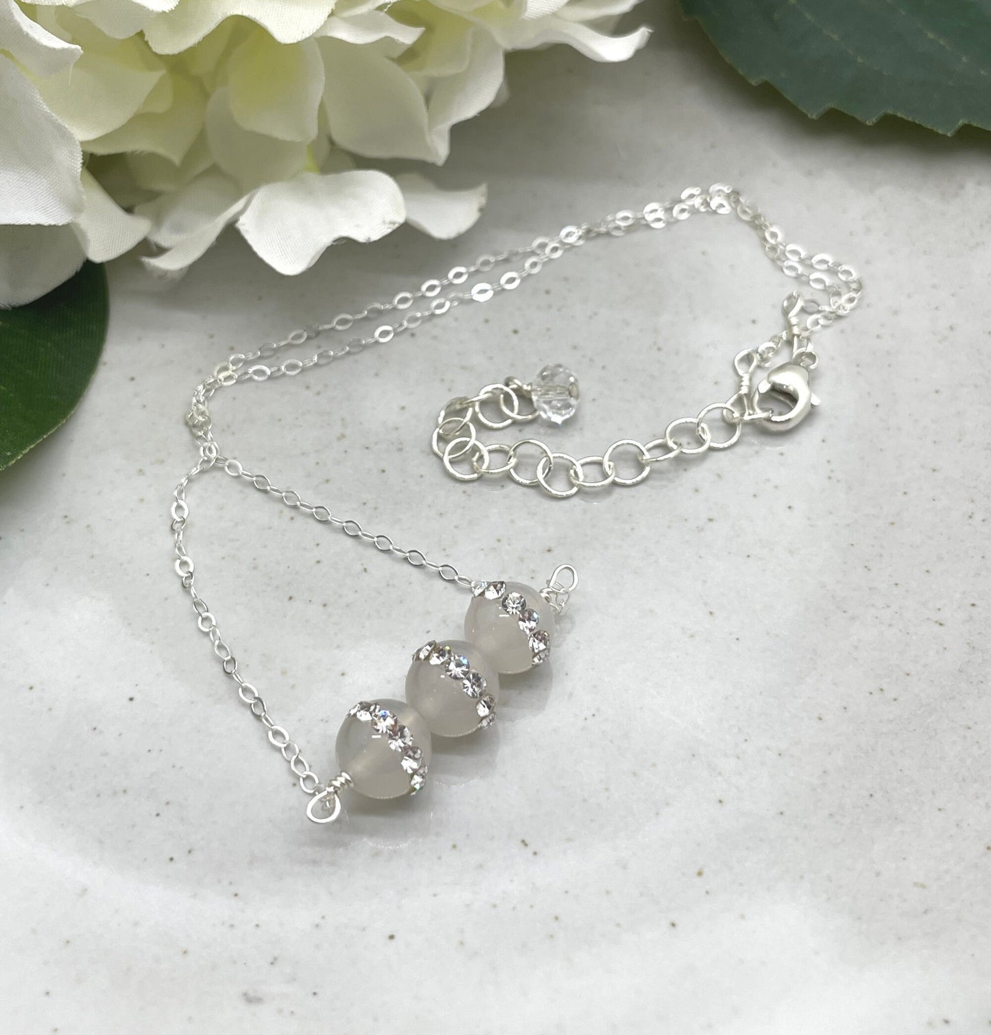 Necklace with Agate and Rhinestone Beads Wire Wrapped to a Sterling Silver Cable Chain CDN-846
