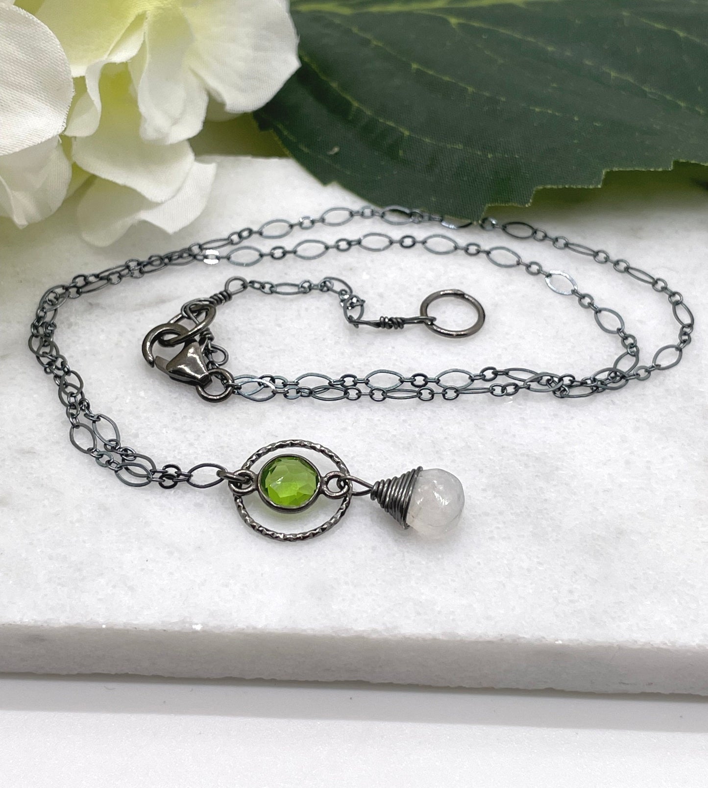 Necklace with an Oxidized Silver Loop, Bezel Set Green Quartz and Wire Wrapped Moonstone on an Oxidized, Sterling Silver Cable Chain CDN-847