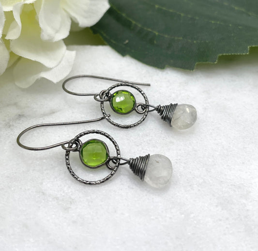 Earrings Made with Oxidized, Sterling Silver Wire, Oxidzied Silver Loops, Bezel Set Green Quartz and Wrapped Moonstones CHE-442