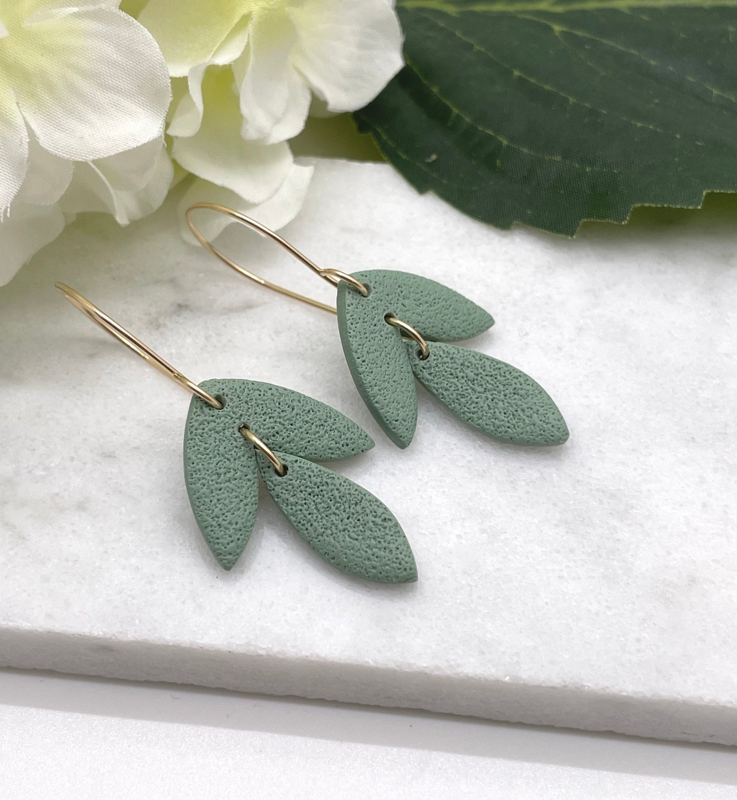 Earrings made with Sage Polymer Clay Shaped into Petals on 14k Gold Filled Earring Wires PCE-377