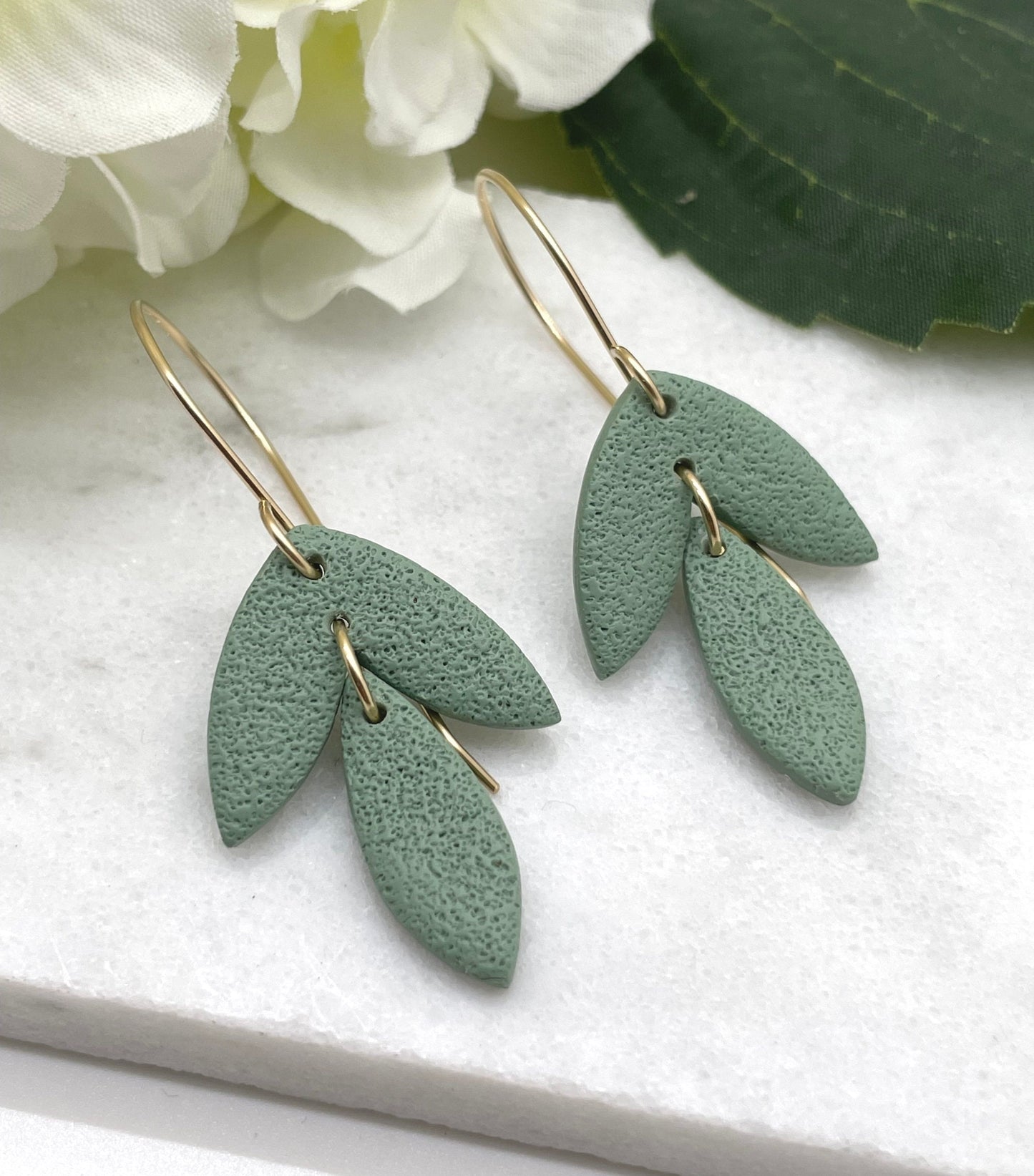 Earrings made with Sage Polymer Clay Shaped into Petals on 14k Gold Filled Earring Wires PCE-377