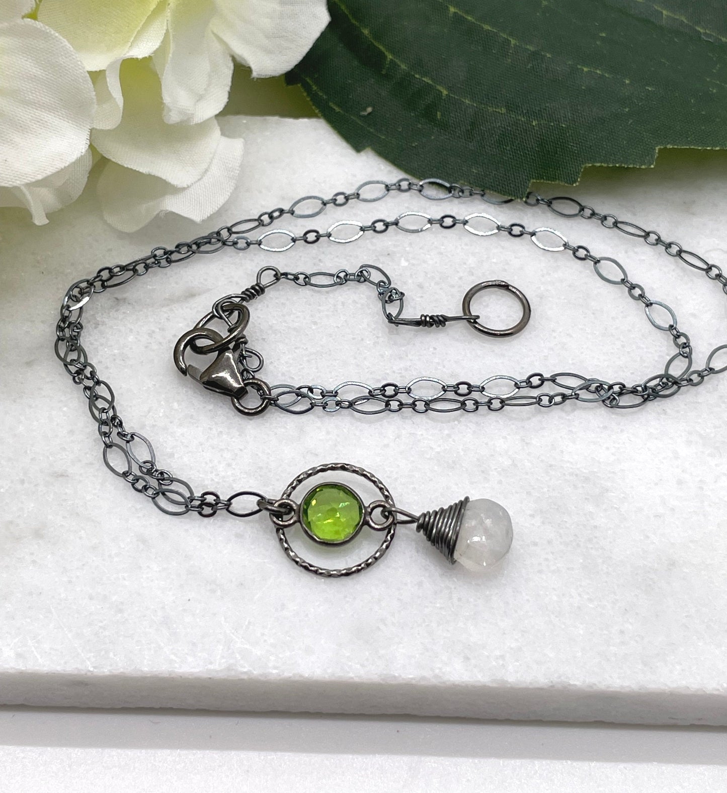 Necklace with an Oxidized Silver Loop, Bezel Set Green Quartz and Wire Wrapped Moonstone on an Oxidized, Sterling Silver Cable Chain CDN-847