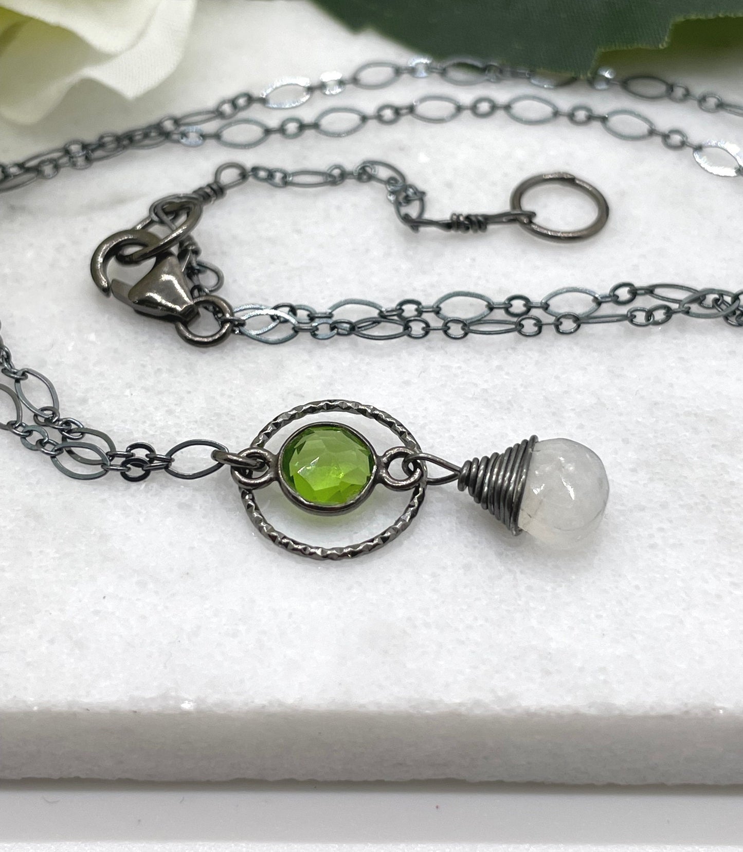 Necklace with an Oxidized Silver Loop, Bezel Set Green Quartz and Wire Wrapped Moonstone on an Oxidized, Sterling Silver Cable Chain CDN-847