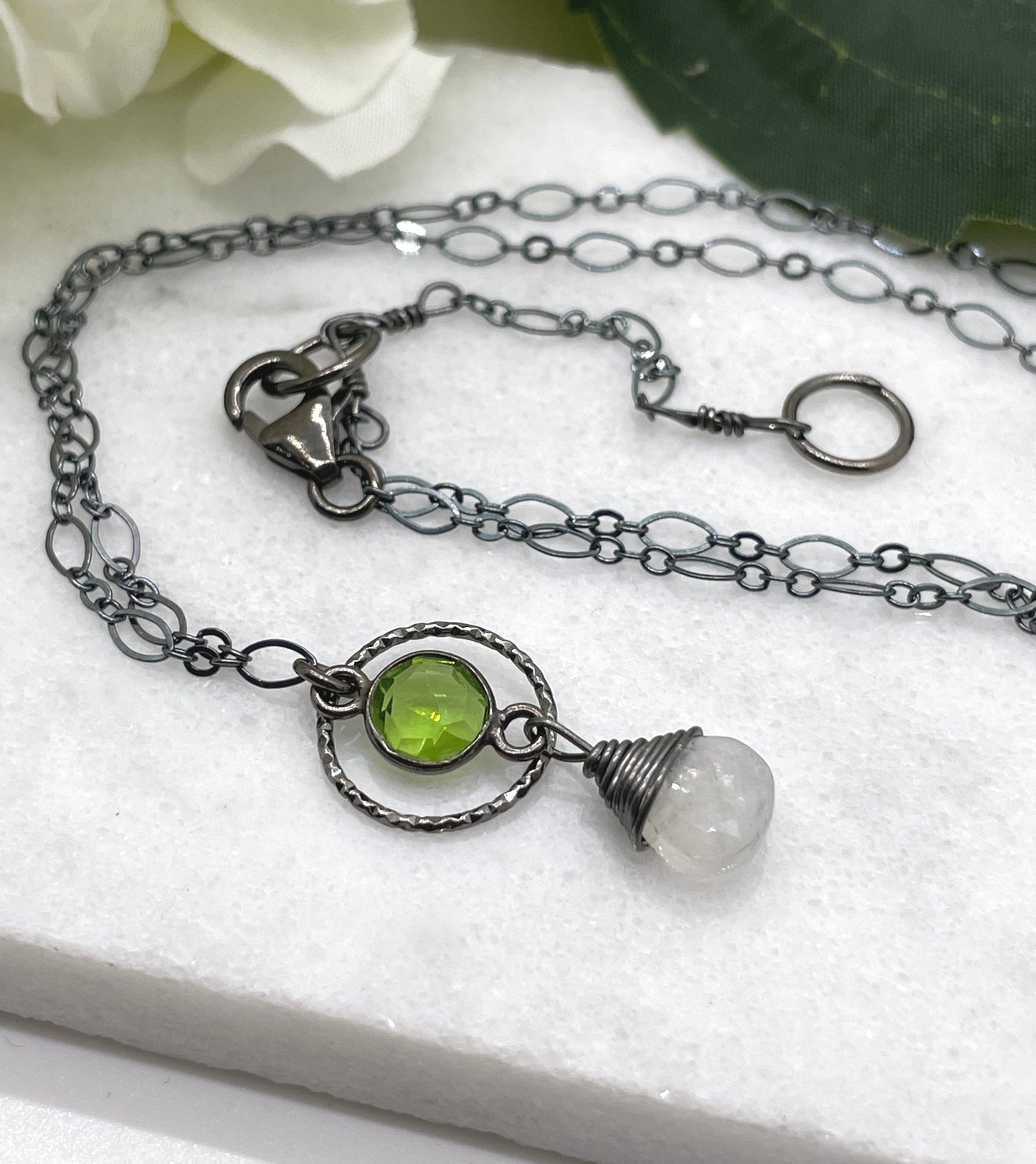 Necklace with an Oxidized Silver Loop, Bezel Set Green Quartz and Wire Wrapped Moonstone on an Oxidized, Sterling Silver Cable Chain CDN-847