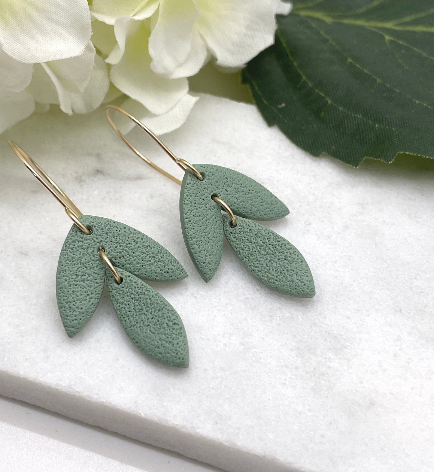 Earrings made with Sage Polymer Clay Shaped into Petals on 14k Gold Filled Earring Wires PCE-377