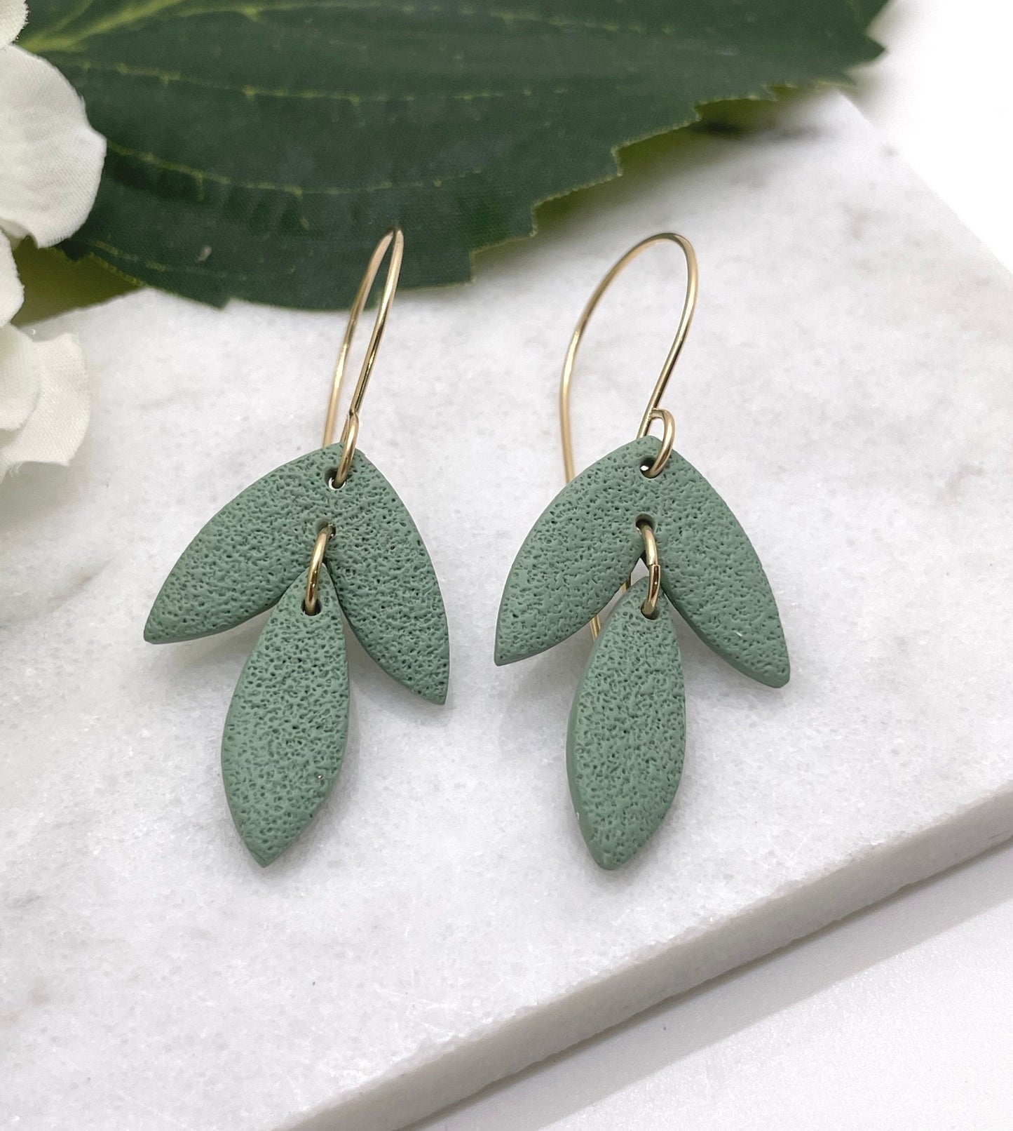 Earrings made with Sage Polymer Clay Shaped into Petals on 14k Gold Filled Earring Wires PCE-377