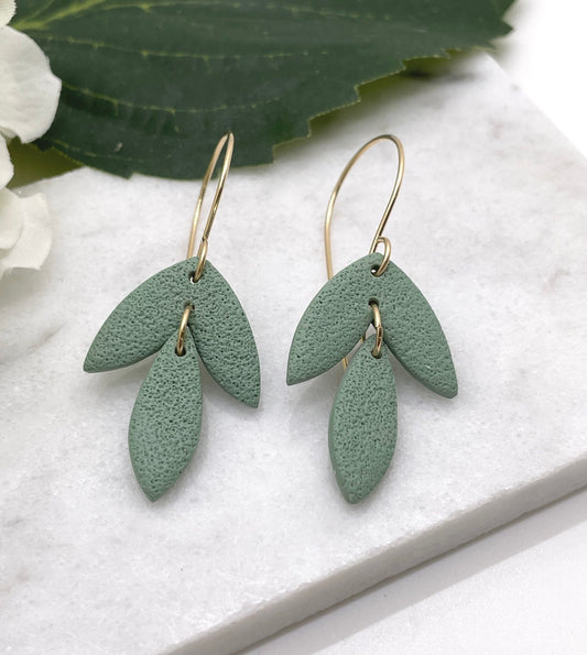 Earrings made with Sage Polymer Clay Shaped into Petals on 14k Gold Filled Earring Wires PCE-377