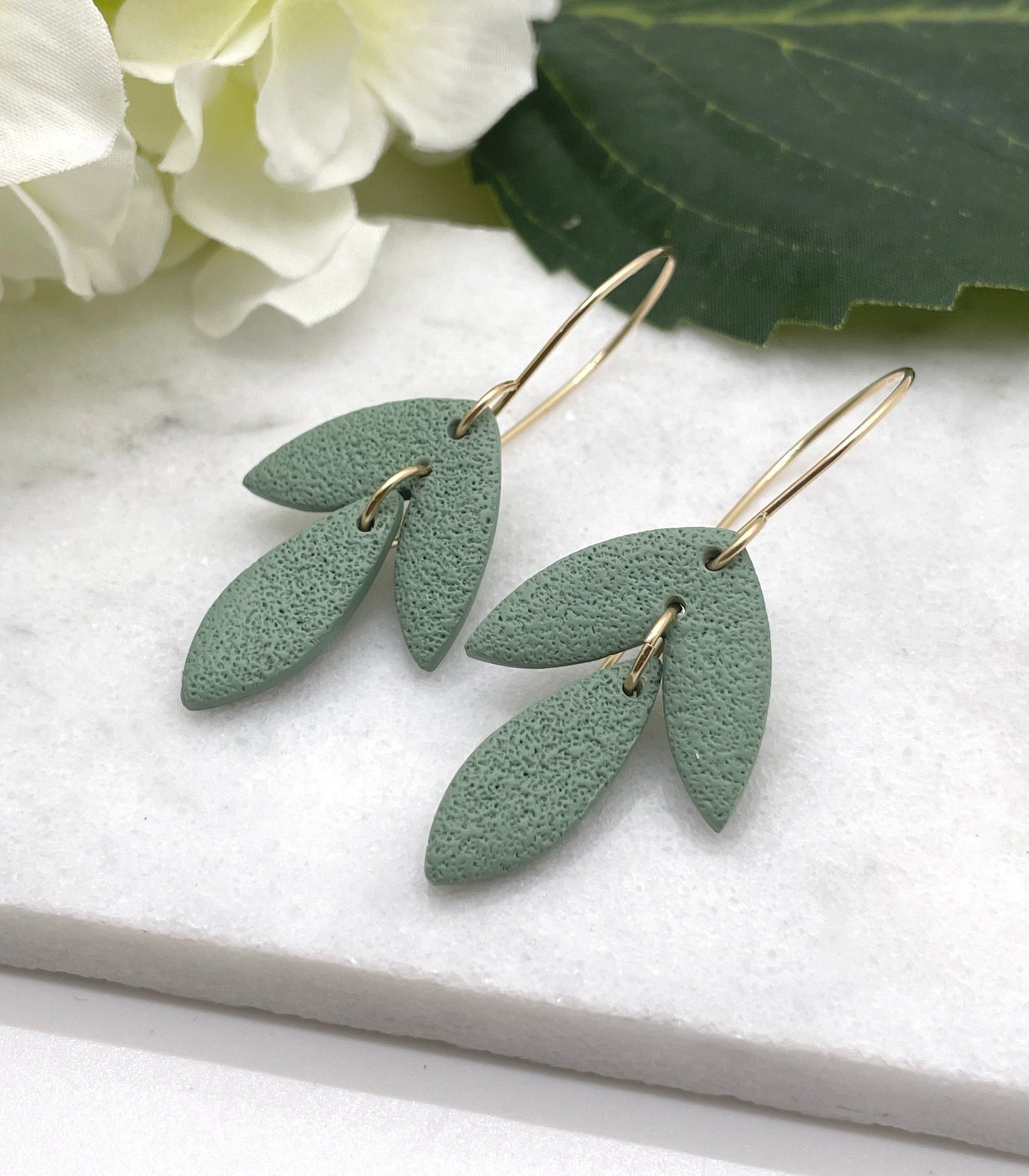 Earrings made with Sage Polymer Clay Shaped into Petals on 14k Gold Filled Earring Wires PCE-377