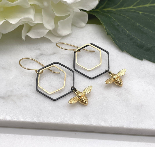 Earrings with Gold Filled Wires, Oxidized Brass Hexagons, Brass Hexagons and Gold Plated Bees GBRE-90