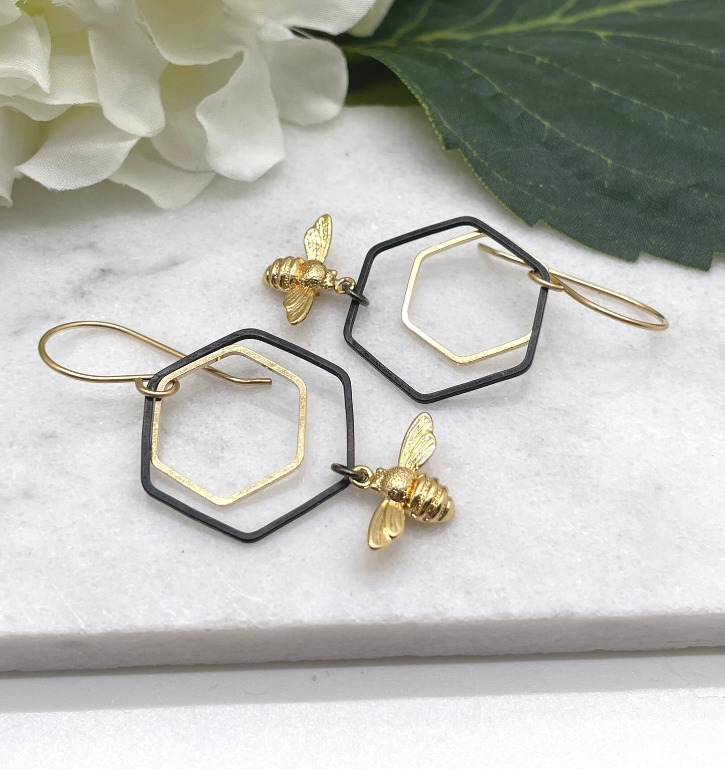 Earrings with Gold Filled Wires, Oxidized Brass Hexagons, Brass Hexagons and Gold Plated Bees GBRE-90