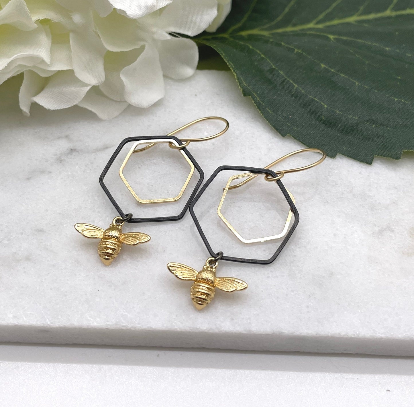 Earrings with Gold Filled Wires, Oxidized Brass Hexagons, Brass Hexagons and Gold Plated Bees GBRE-90