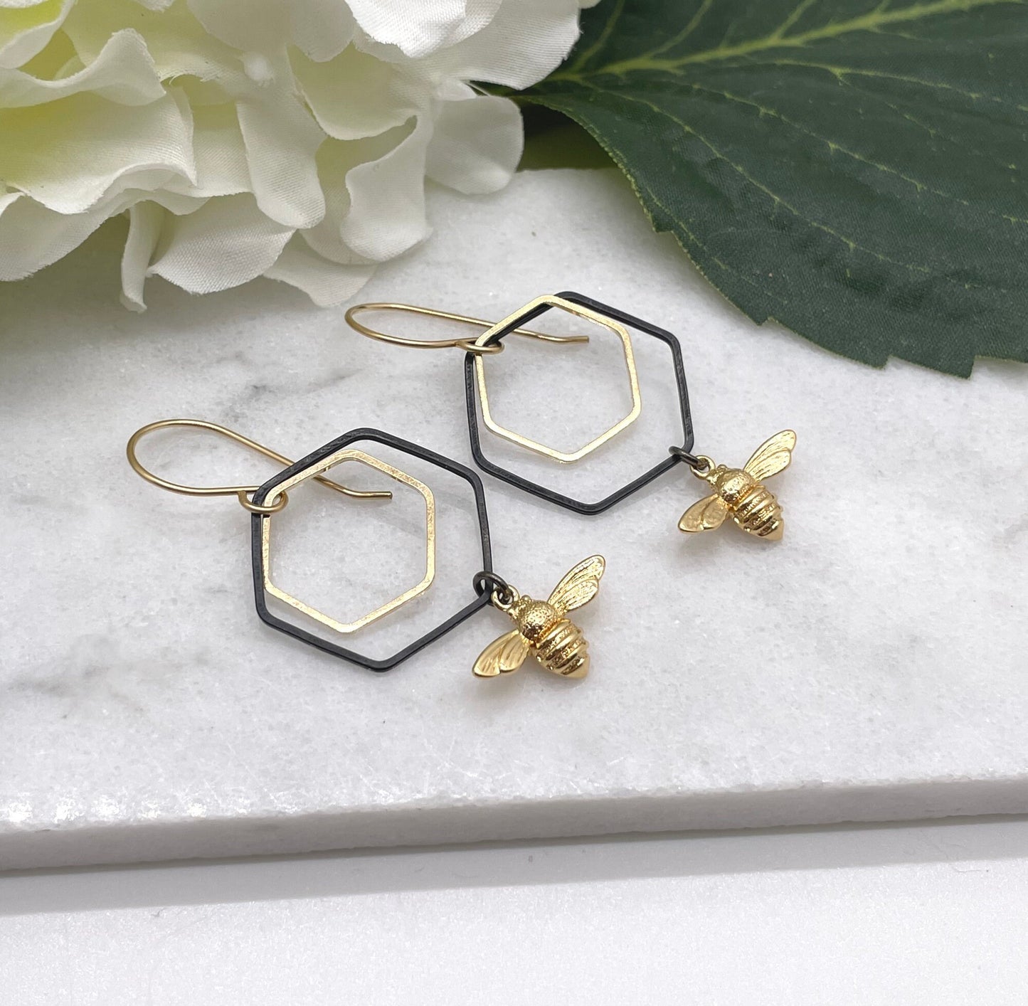 Earrings with Gold Filled Wires, Oxidized Brass Hexagons, Brass Hexagons and Gold Plated Bees GBRE-90