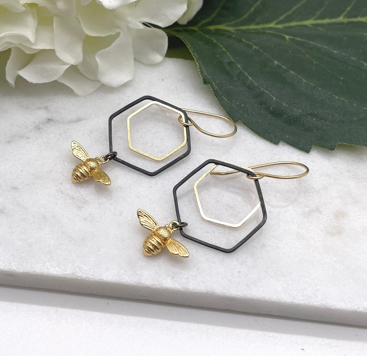 Earrings with Gold Filled Wires, Oxidized Brass Hexagons, Brass Hexagons and Gold Plated Bees GBRE-90