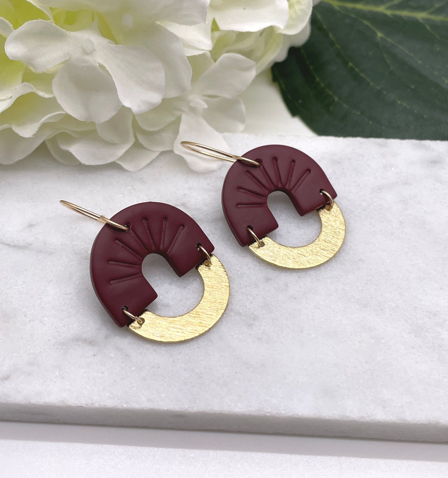 Earrings made with Wine Polymer Clay Arches and Brass Arches on 14k Gold Filled Earring Wires PCE-452