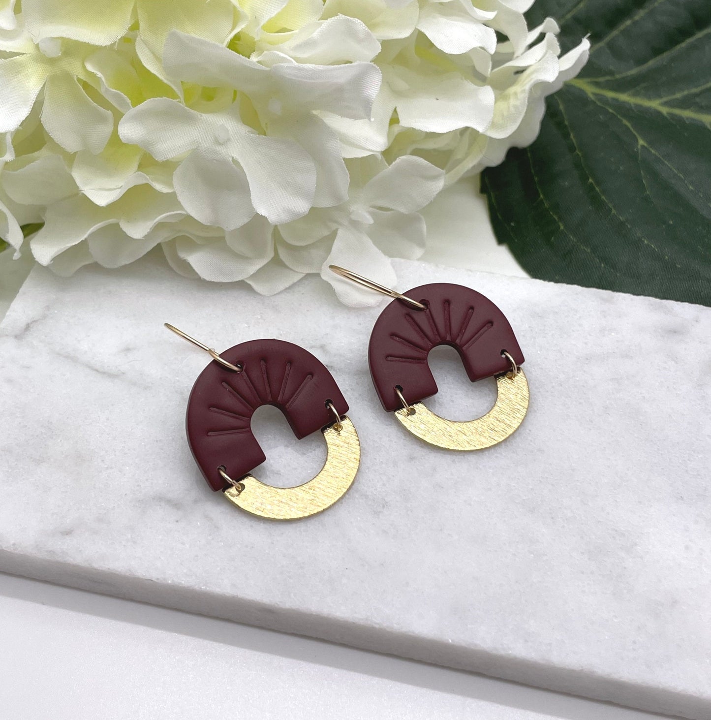 Earrings made with Wine Polymer Clay Arches and Brass Arches on 14k Gold Filled Earring Wires PCE-452