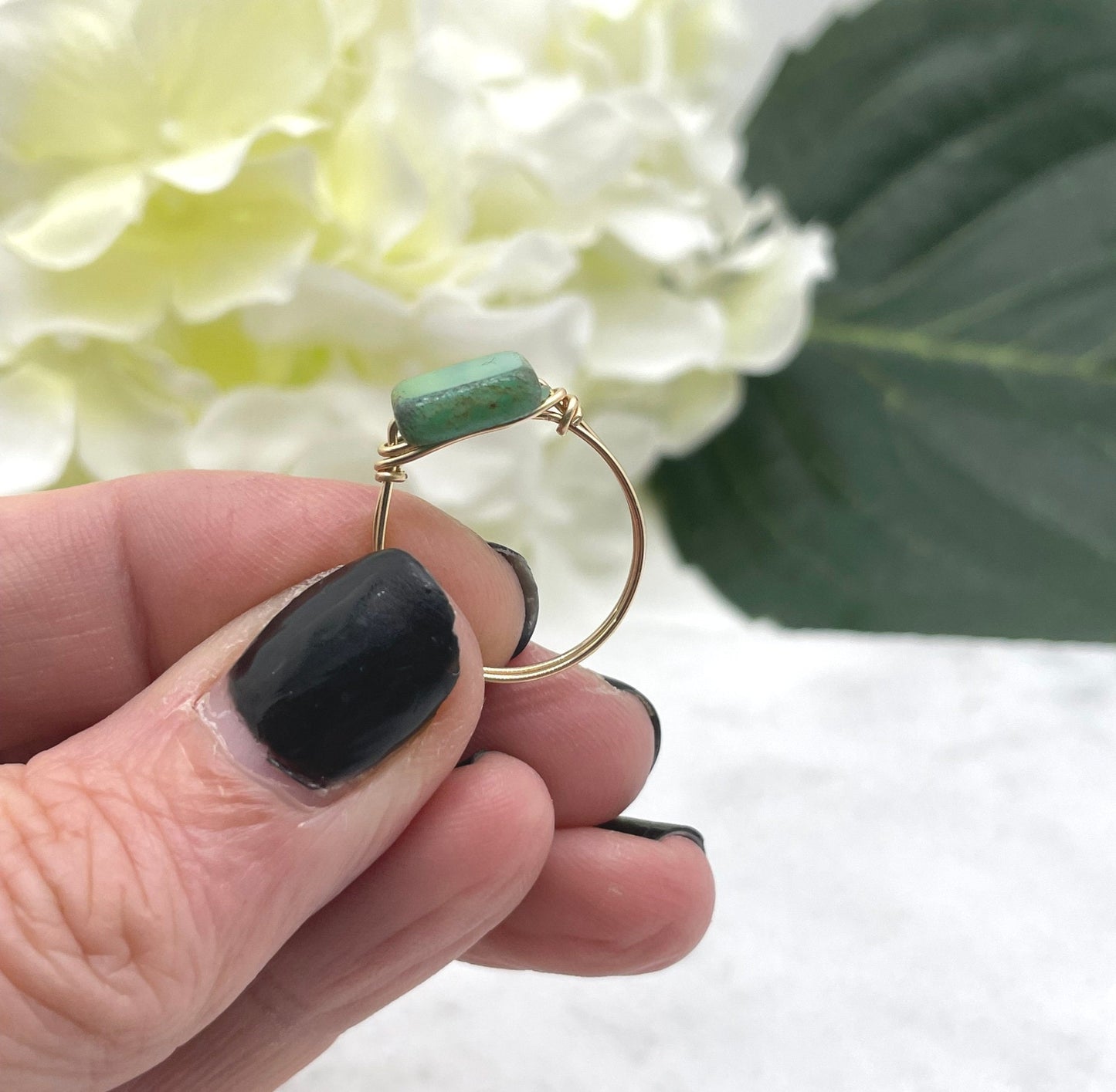 14k Gold Filled Wire Wrapped Ring with a Single, Flat, Square, Blue Green, Czech Glass Bead GR-13