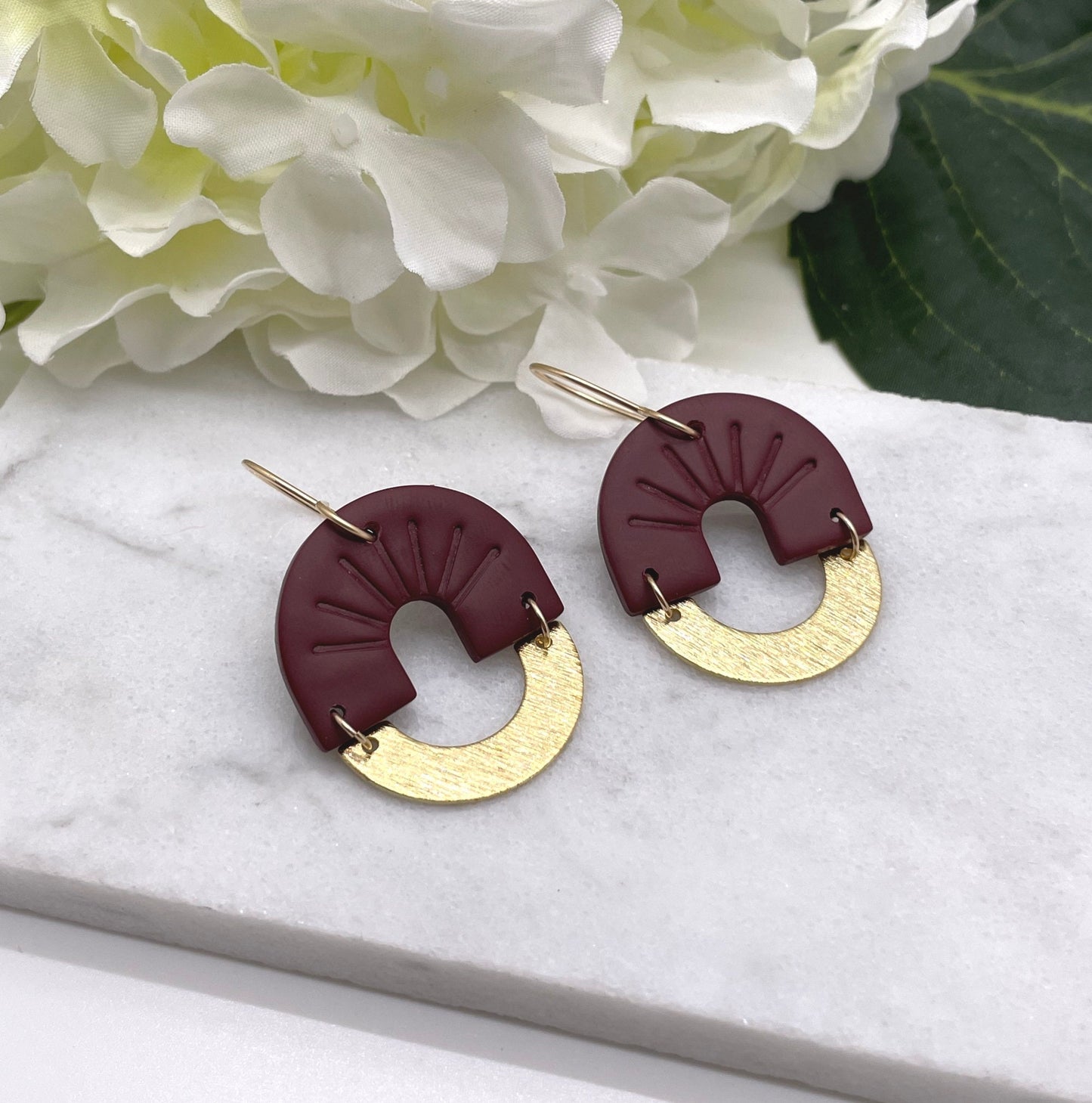 Earrings made with Wine Polymer Clay Arches and Brass Arches on 14k Gold Filled Earring Wires PCE-452
