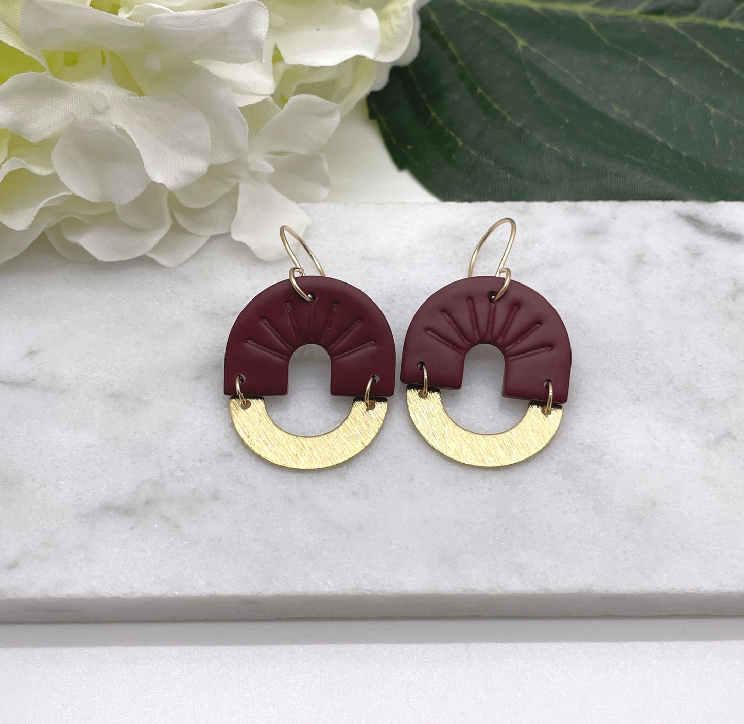 Earrings made with Wine Polymer Clay Arches and Brass Arches on 14k Gold Filled Earring Wires PCE-452