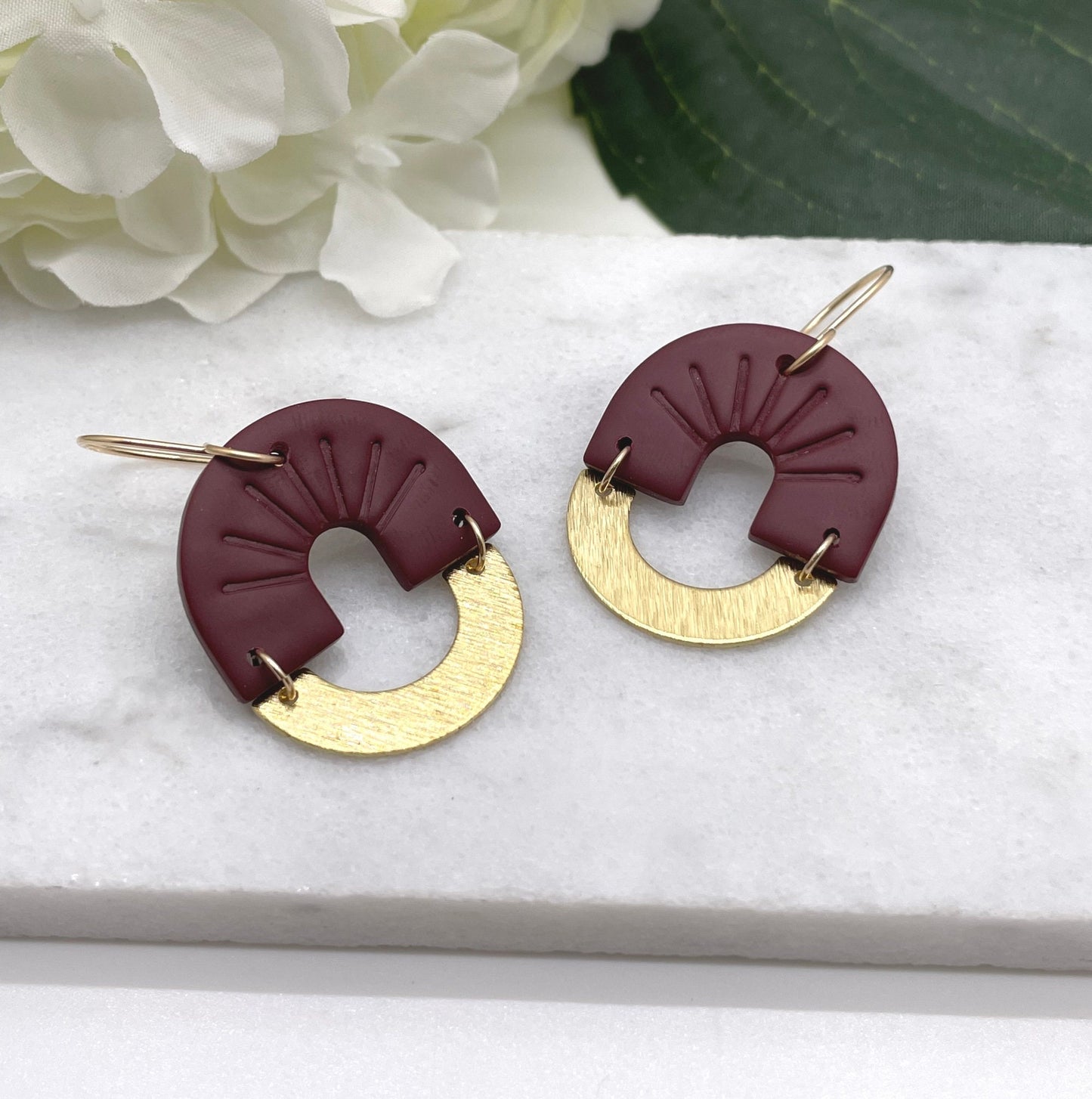 Earrings made with Wine Polymer Clay Arches and Brass Arches on 14k Gold Filled Earring Wires PCE-452