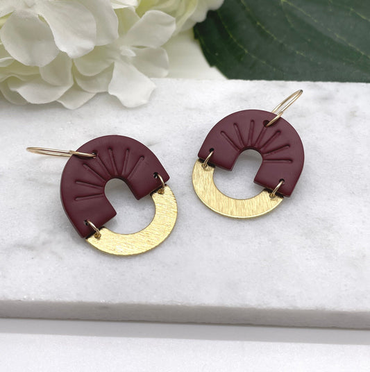 Earrings made with Wine Polymer Clay Arches and Brass Arches on 14k Gold Filled Earring Wires PCE-452