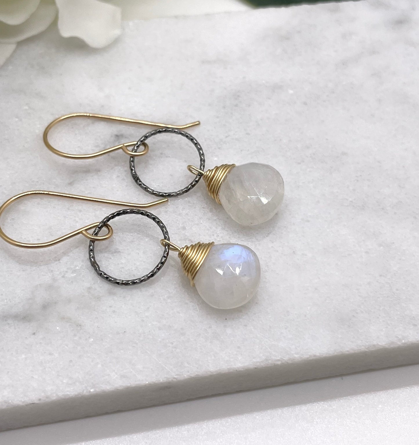 Earrings with Oxidized Silver Loops and Gold Wrapped Moonstones on 14k Gold Filled Earring Wires GCHE-54