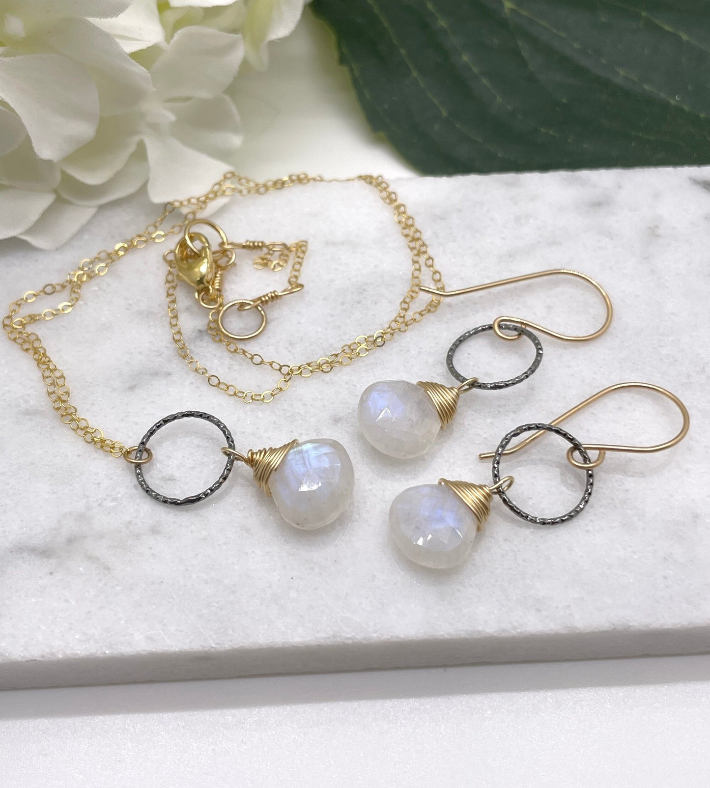 Earrings with Oxidized Silver Loops and Gold Wrapped Moonstones on 14k Gold Filled Earring Wires GCHE-54