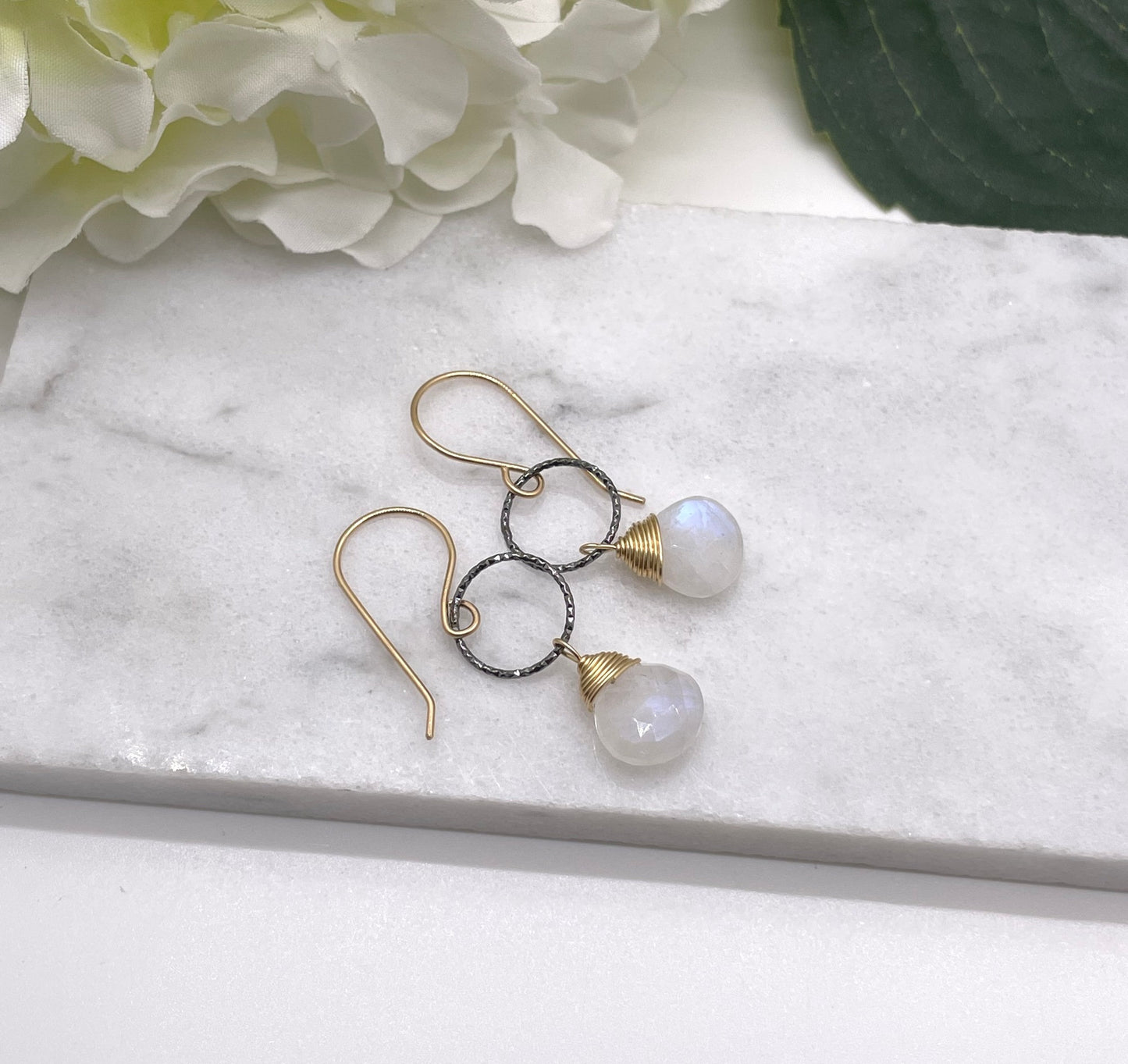 Earrings with Oxidized Silver Loops and Gold Wrapped Moonstones on 14k Gold Filled Earring Wires GCHE-54
