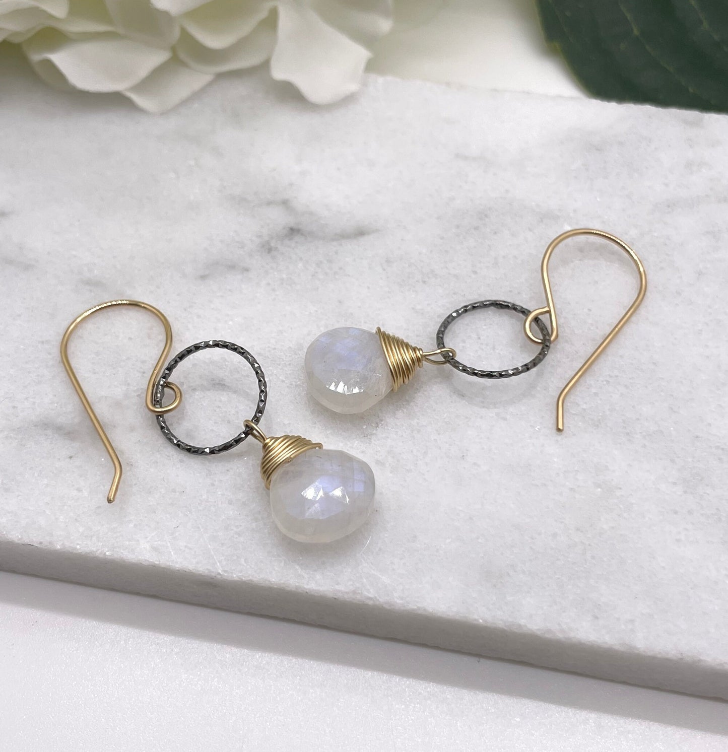 Earrings with Oxidized Silver Loops and Gold Wrapped Moonstones on 14k Gold Filled Earring Wires GCHE-54