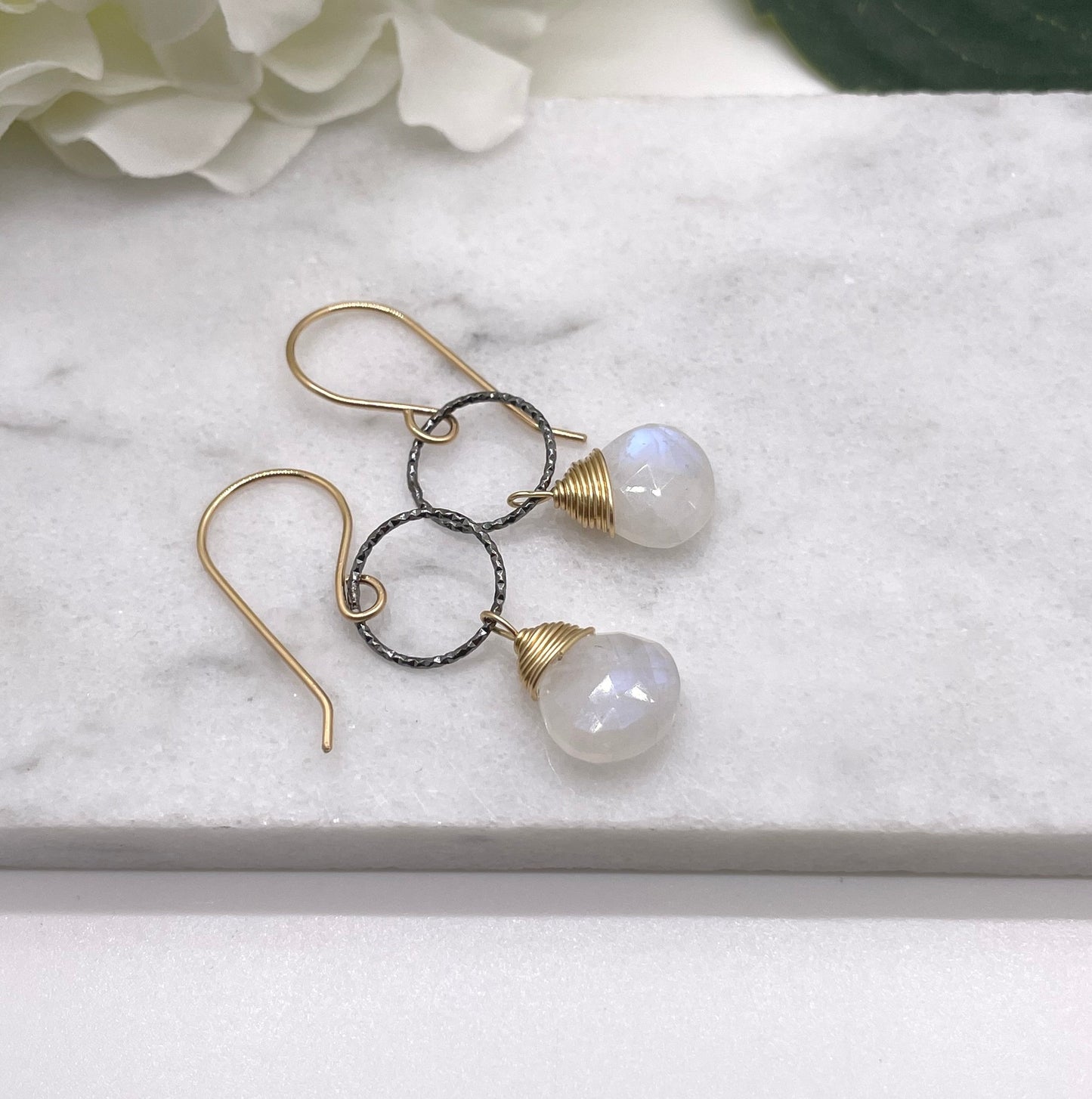 Earrings with Oxidized Silver Loops and Gold Wrapped Moonstones on 14k Gold Filled Earring Wires GCHE-54