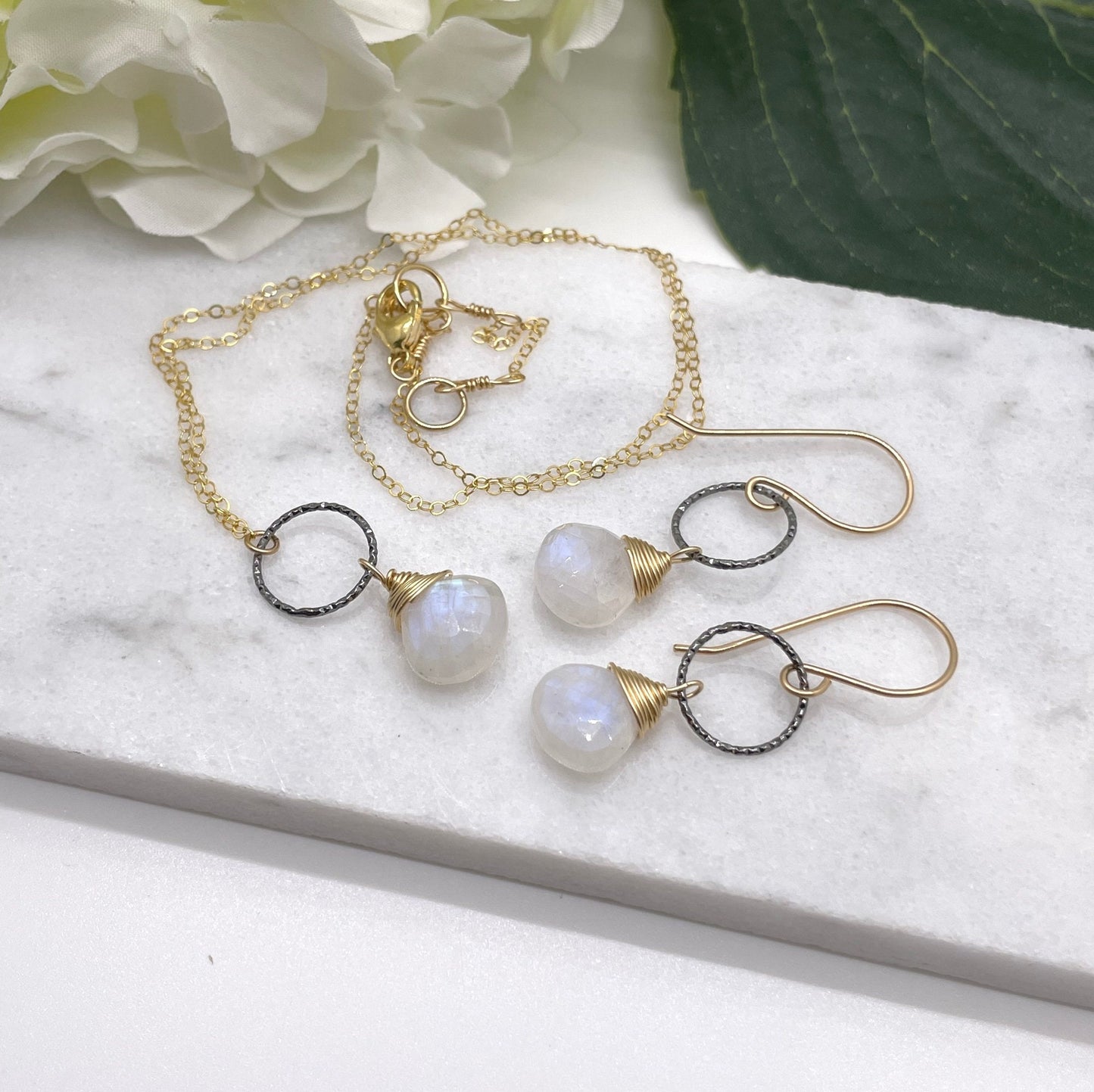 Necklace with a Gold Wrapped Moonstone Teardrop and Oxidized Silver Loop on a 14k Gold Filled Chain GCDN-133