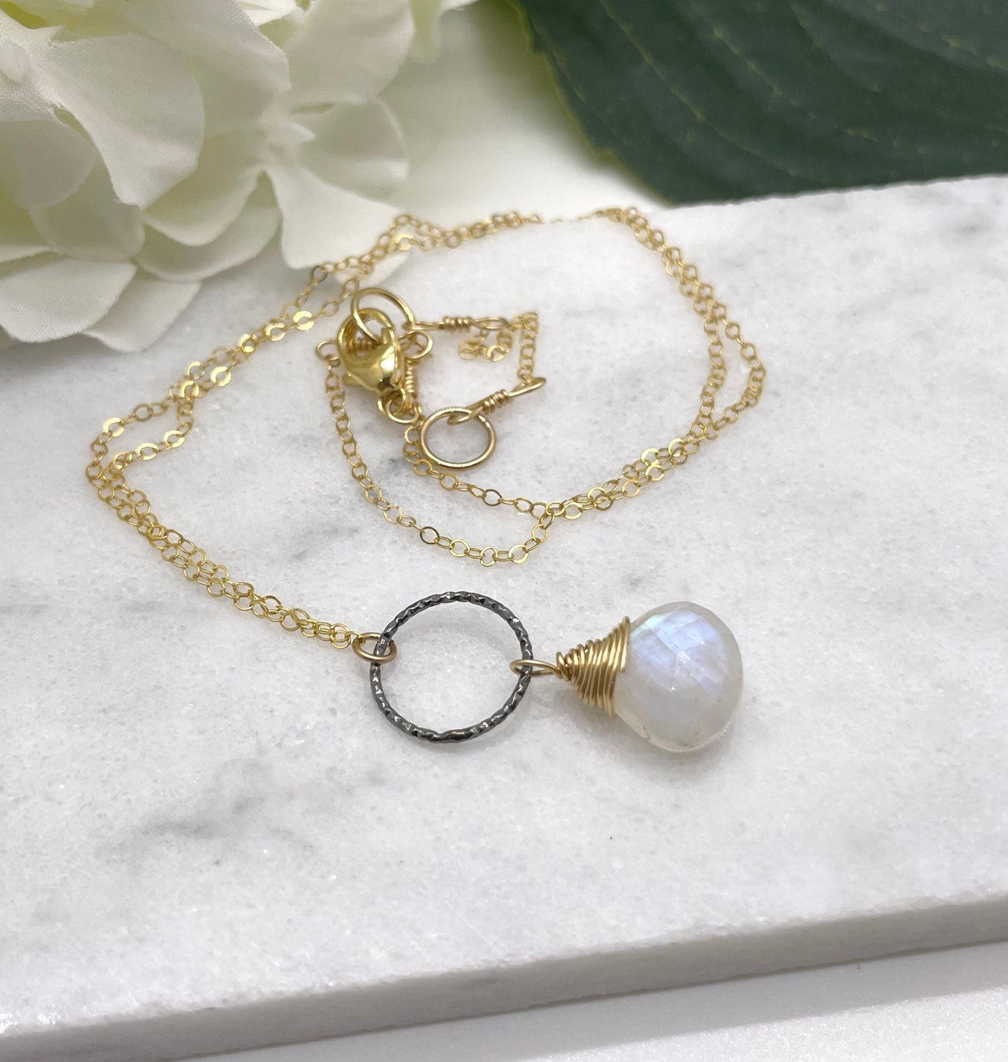 Necklace with a Gold Wrapped Moonstone Teardrop and Oxidized Silver Loop on a 14k Gold Filled Chain GCDN-133