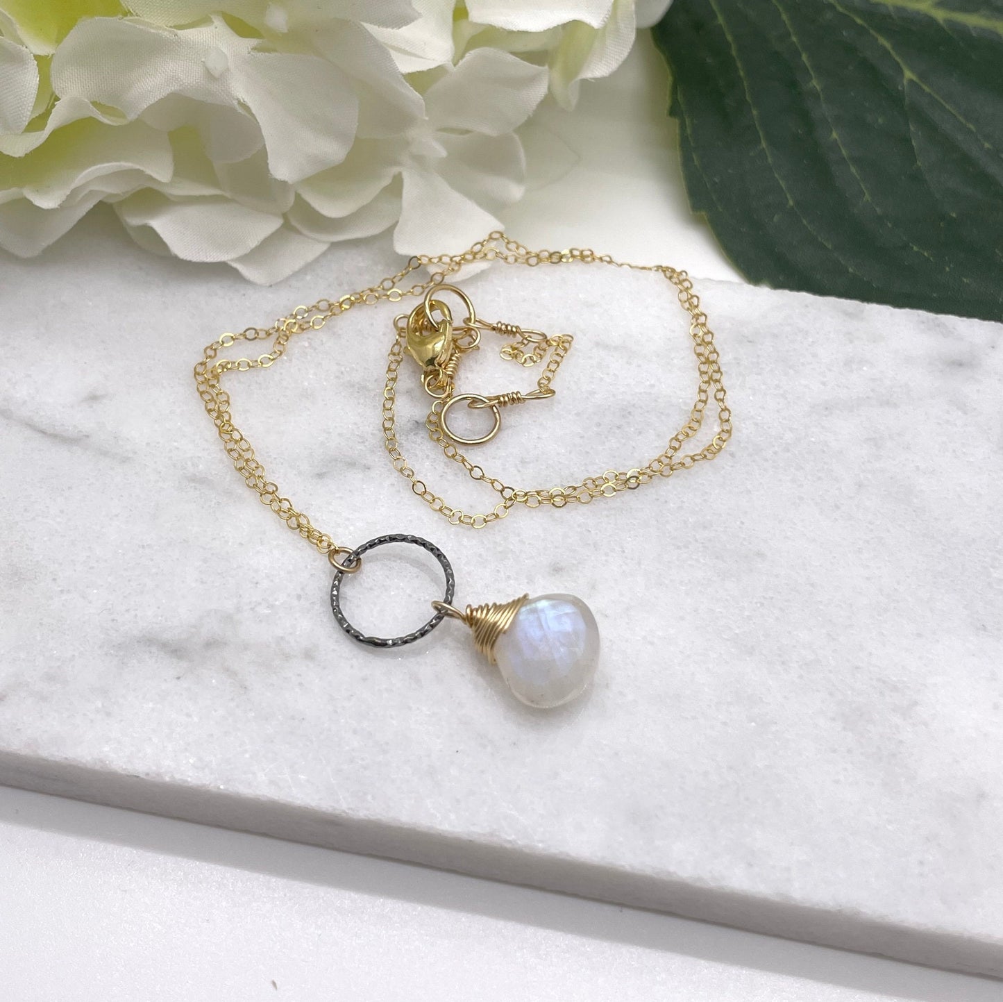 Necklace with a Gold Wrapped Moonstone Teardrop and Oxidized Silver Loop on a 14k Gold Filled Chain GCDN-133