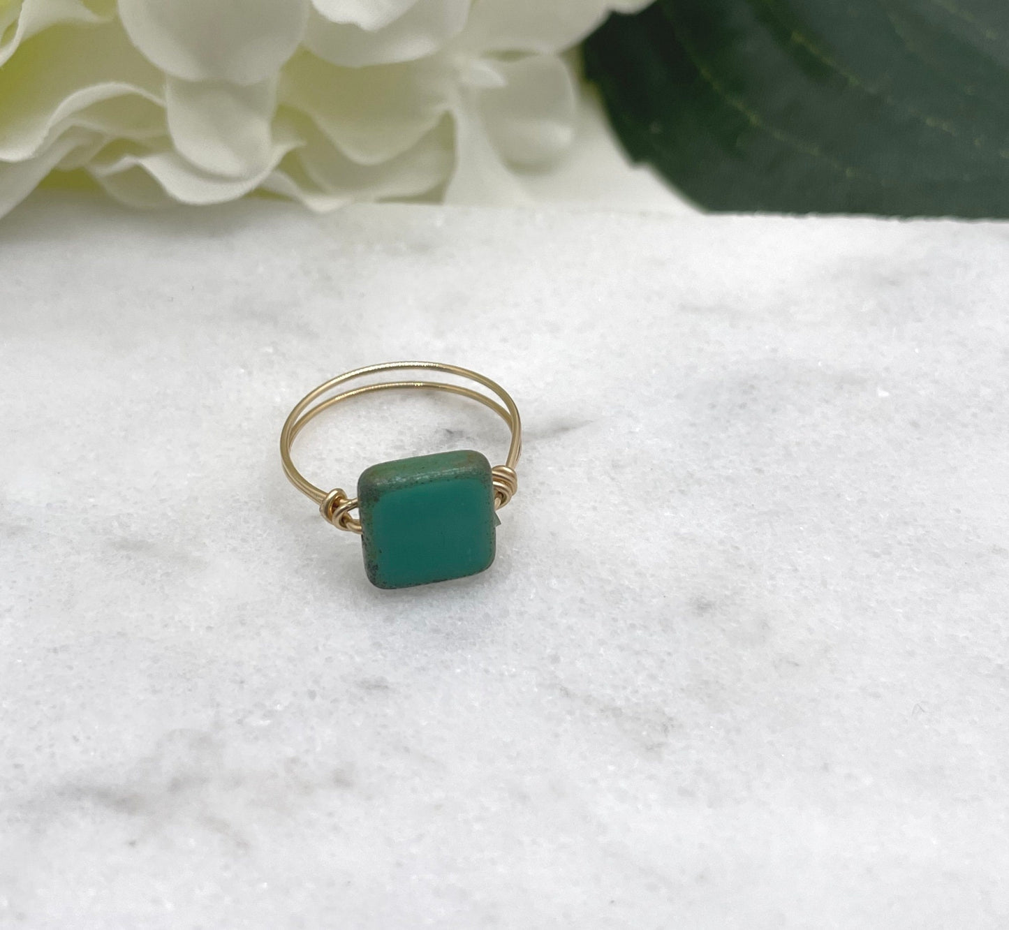 14k Gold Filled Wire Wrapped Ring with a Single, Flat, Square, Blue Green, Czech Glass Bead GR-13