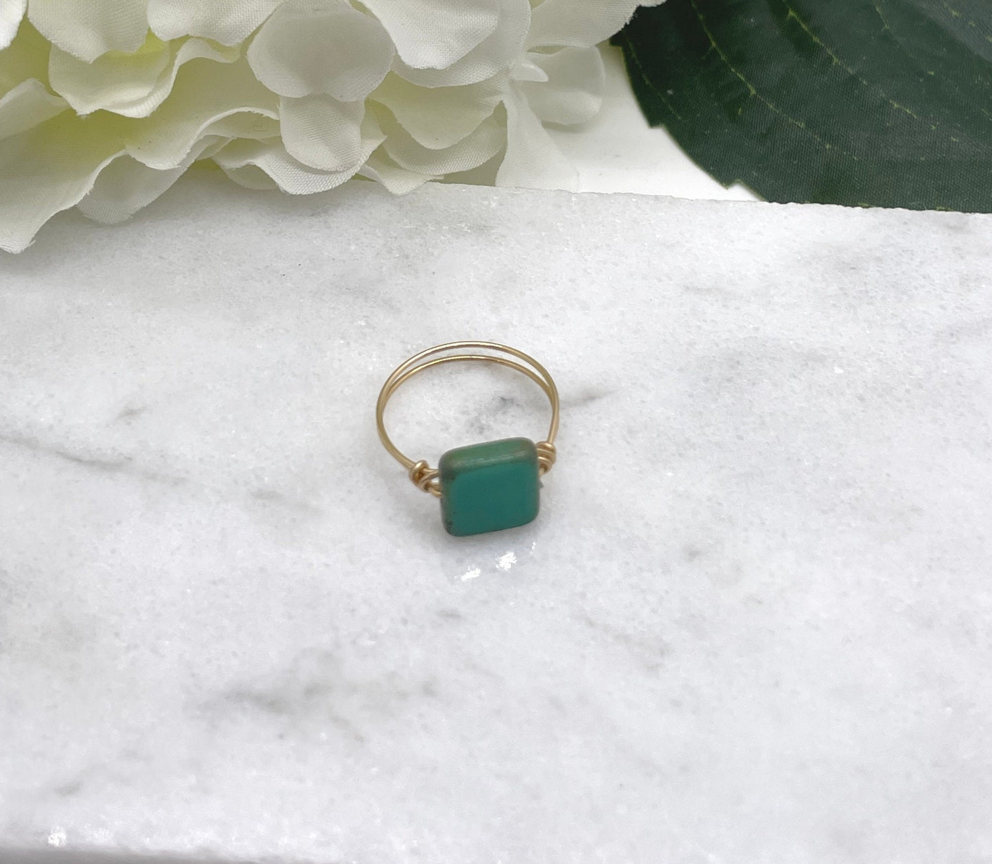 14k Gold Filled Wire Wrapped Ring with a Single, Flat, Square, Blue Green, Czech Glass Bead GR-13
