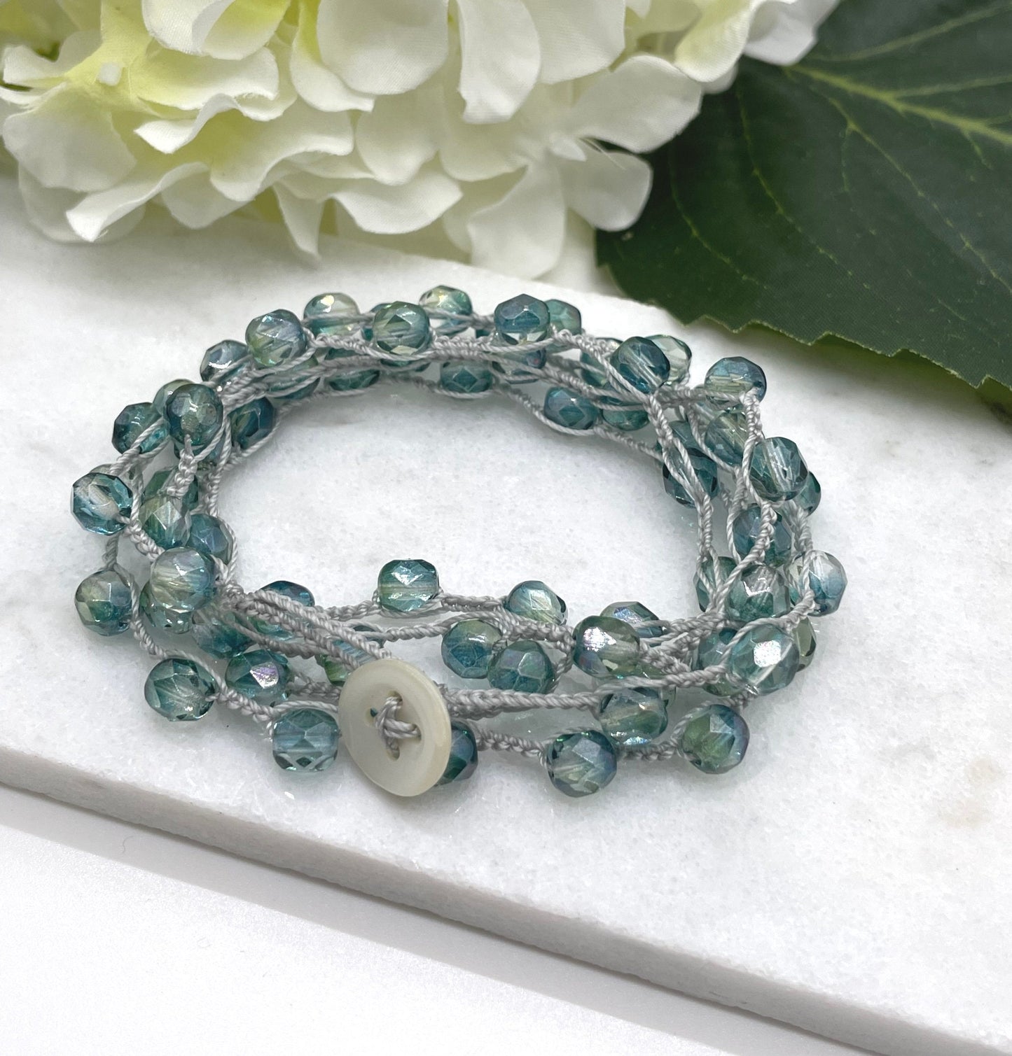 Crocheted Necklace or Bracelet with a Light Grey Cord and Green Teal, Firepolished, Czech Glass Beads SN-592