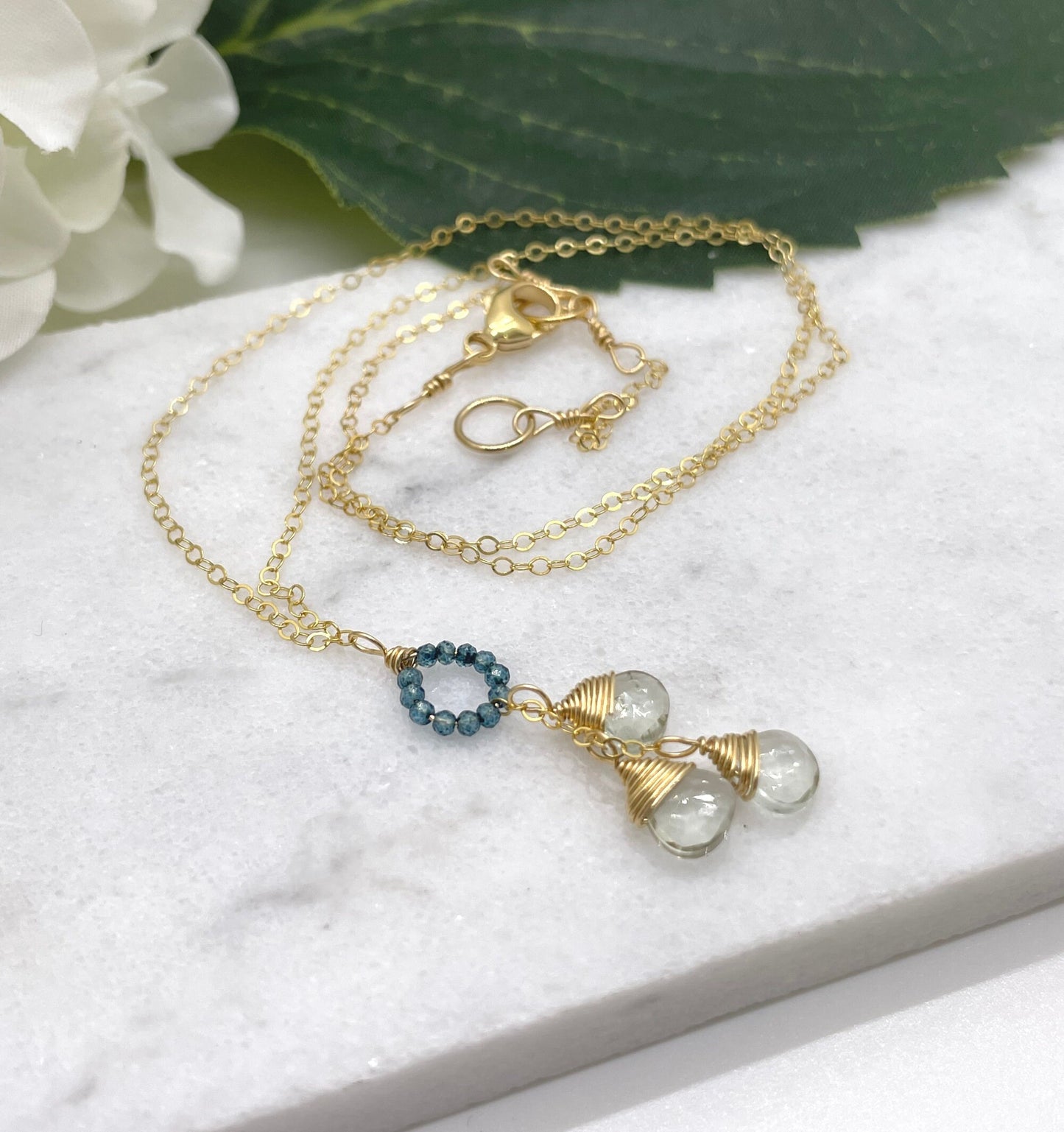 Necklace with a Circle of Blue Mystic Quartz and a Cascade of Green Amethyst Teardrops on a Gold Filled Chain GCDN-134