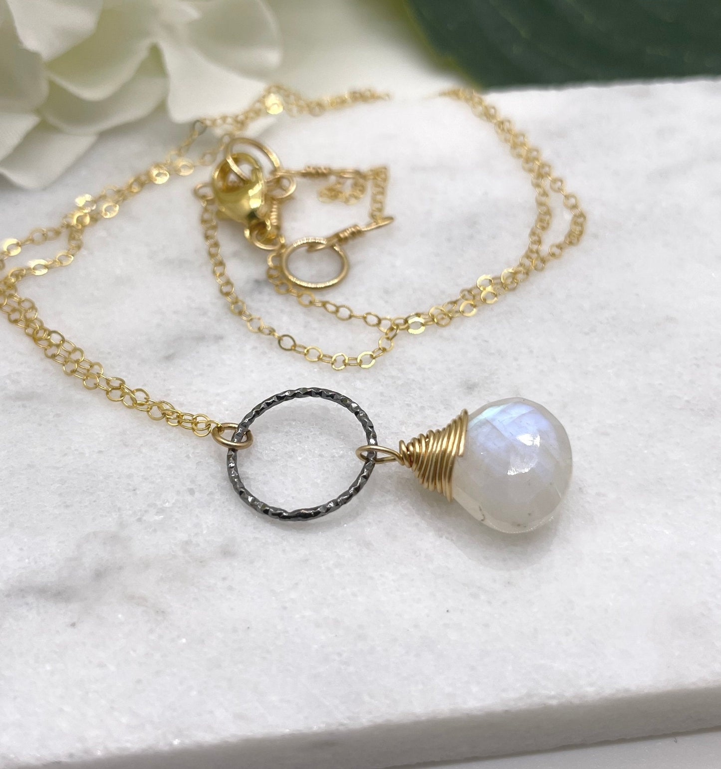 Necklace with a Gold Wrapped Moonstone Teardrop and Oxidized Silver Loop on a 14k Gold Filled Chain GCDN-133