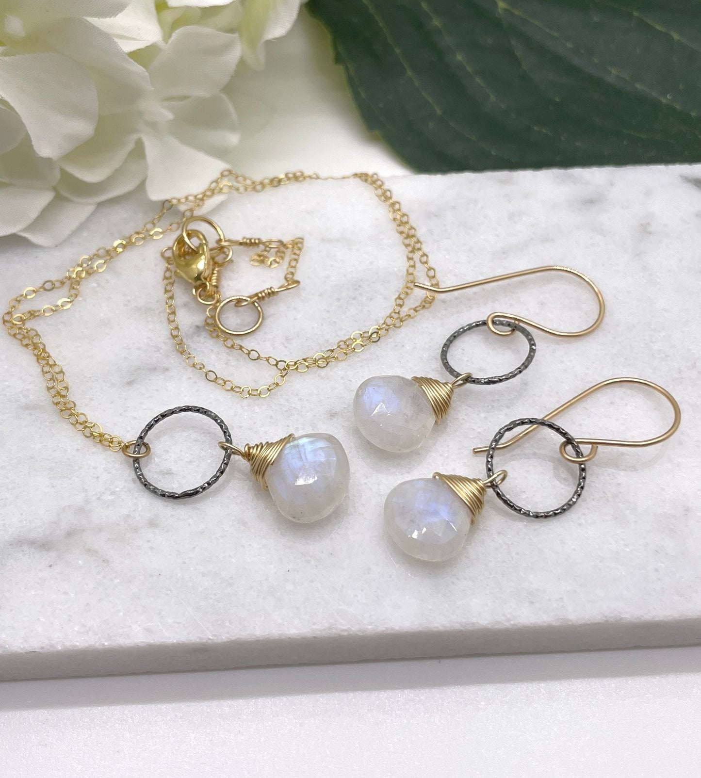 Necklace with a Gold Wrapped Moonstone Teardrop and Oxidized Silver Loop on a 14k Gold Filled Chain GCDN-133